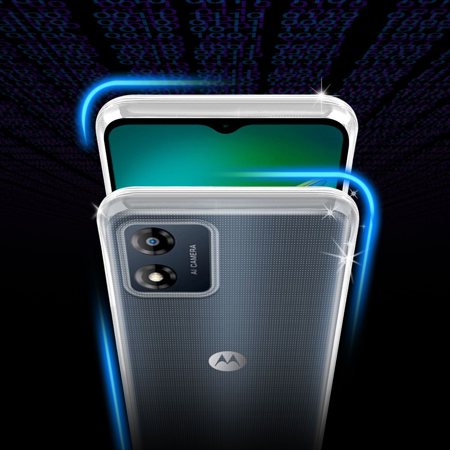 Primo piano di uno smartphone con custodia trasparente. La fotocamera e il logo del marchio sono visibili.