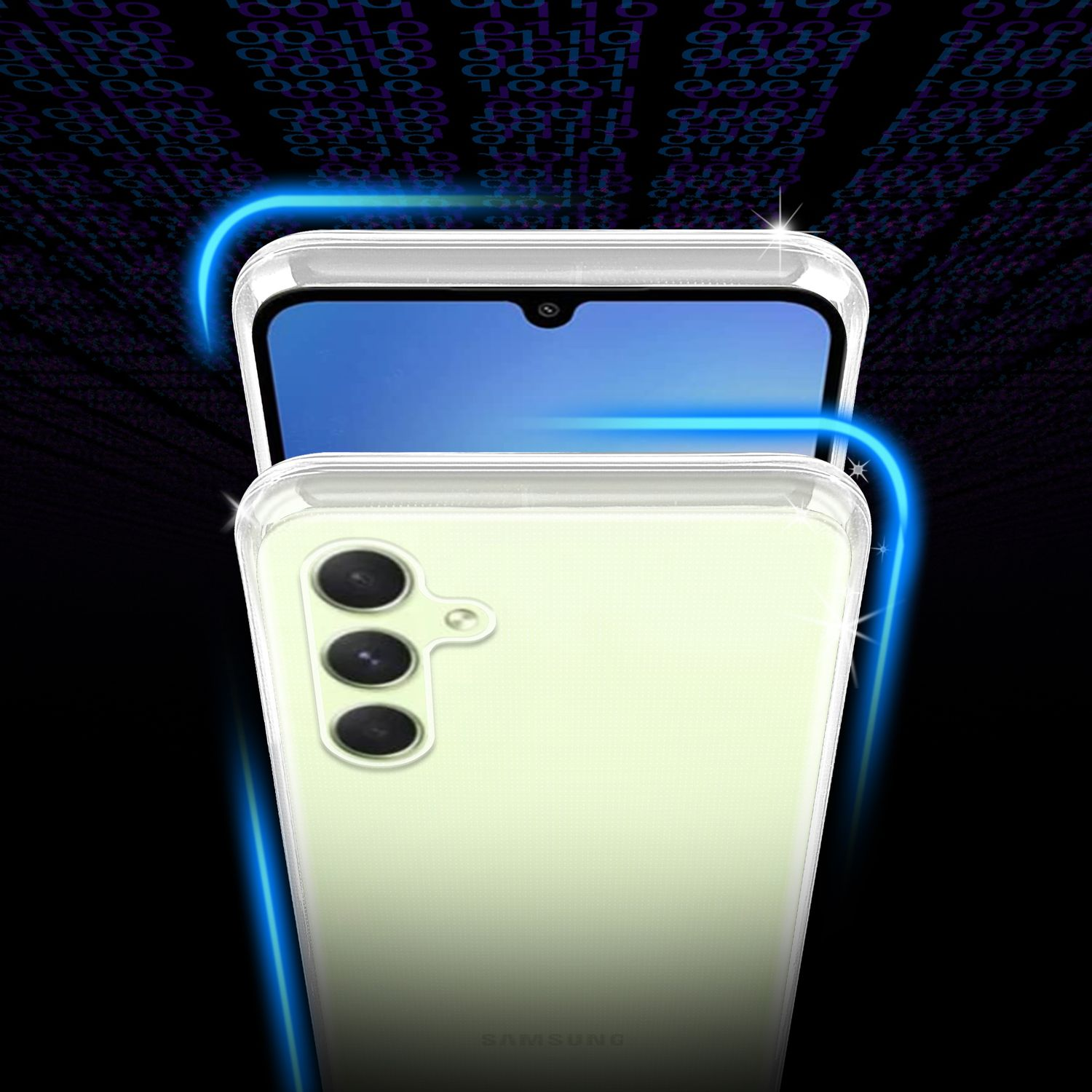 Uno smartphone in una custodia trasparente con schermo blu, su sfondo di codice binario.
