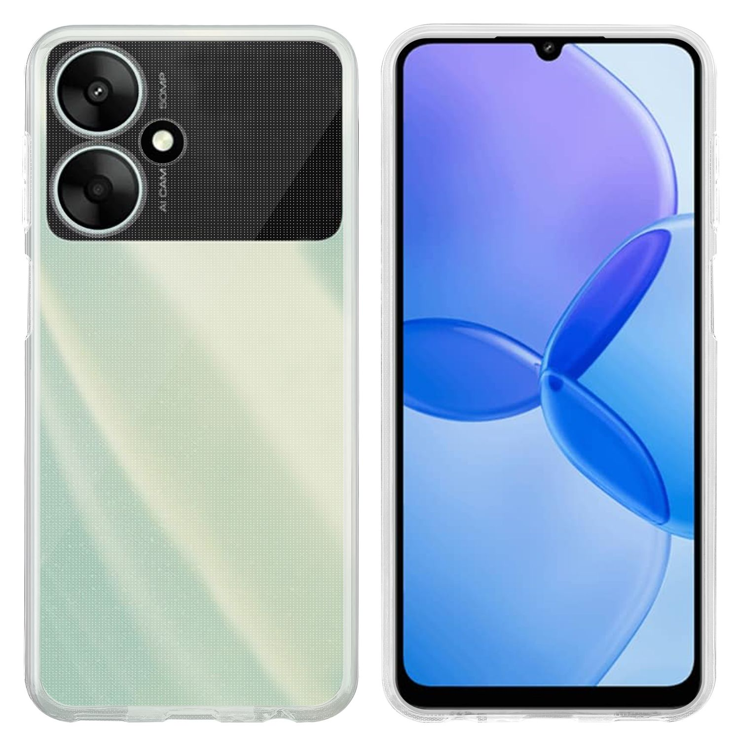 Uno smartphone con una custodia trasparente su sfondo bianco. Il retro mostra un gruppo di fotocamere.