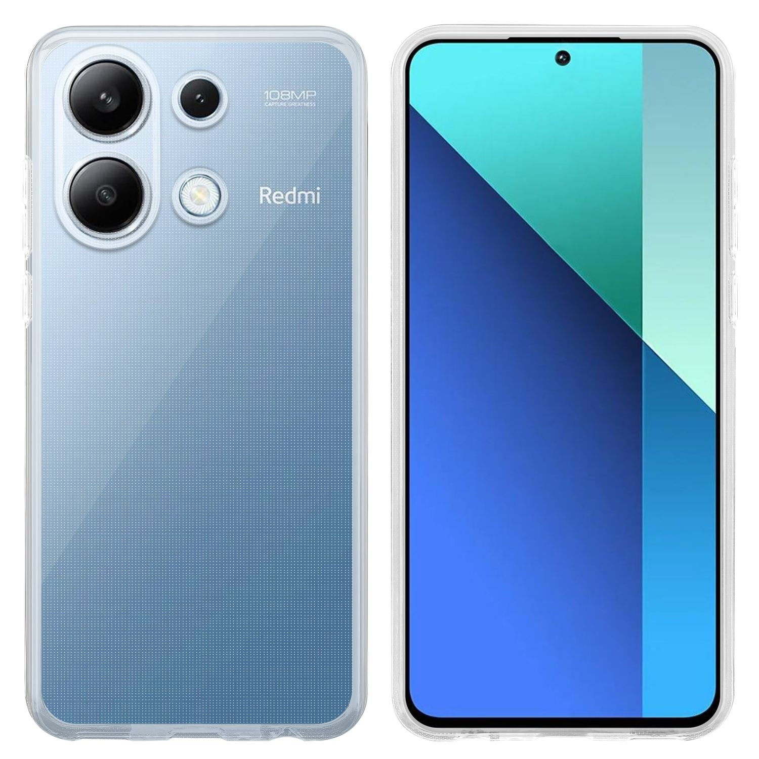 Uno smartphone con una custodia trasparente. Un lato mostra il retro con le fotocamere, l'altro lo schermo.