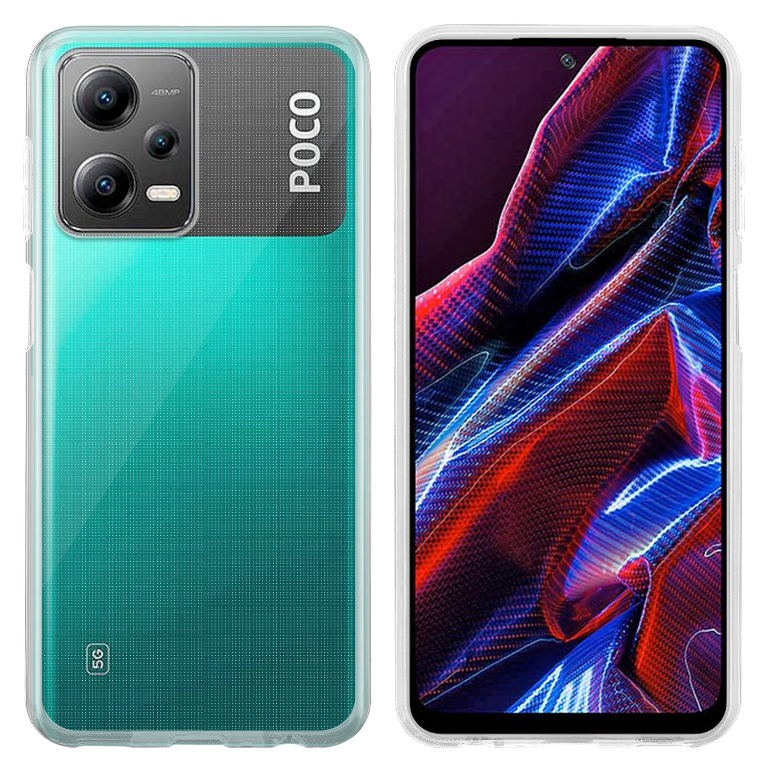 Smartphone che mostra entrambi i lati. Retro turchese con fotocamera e frontale con display colorato.