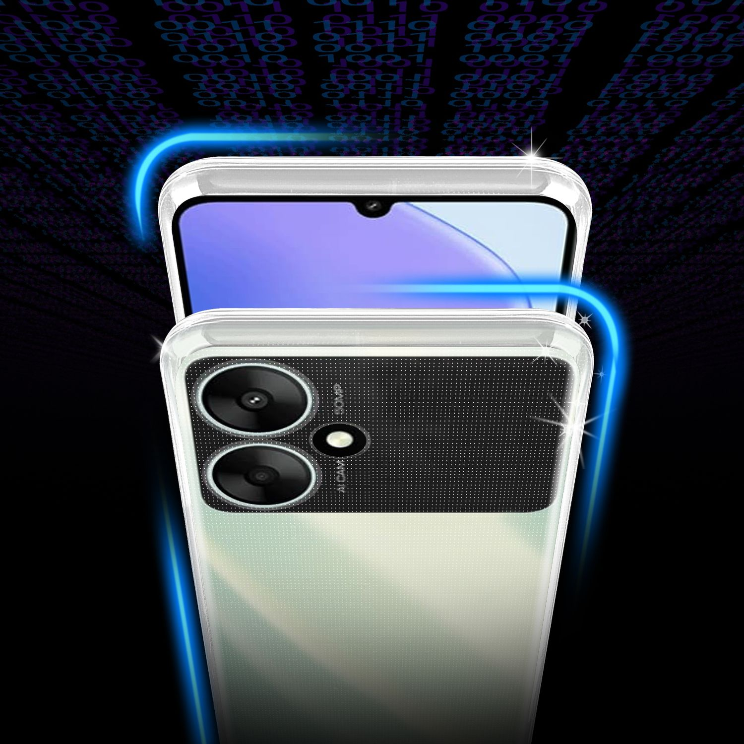 Smartphone con doppia fotocamera e custodia trasparente. Effetto luce blu.