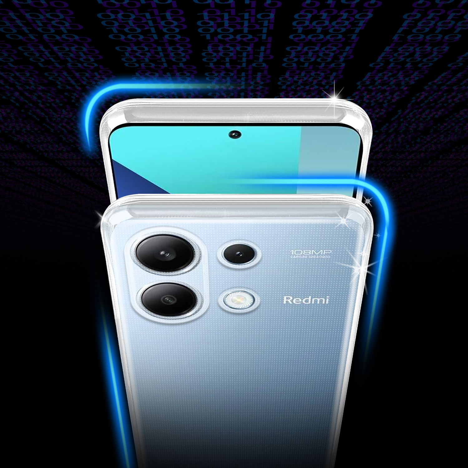 Telefono a sinistra, in custodia. Lo schermo è visibile. Sfondo futuristico e linee blu.