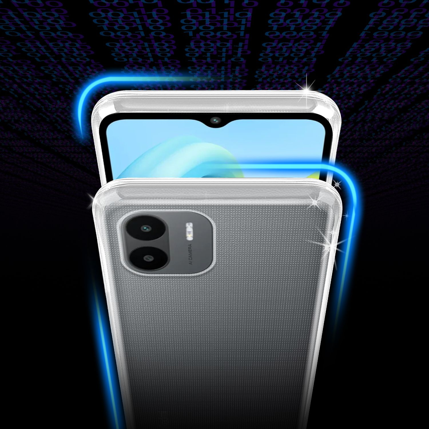 Un telefono in una custodia trasparente. La custodia è trasparente e ha un rilievo per la fotocamera. Su sfondo scuro.