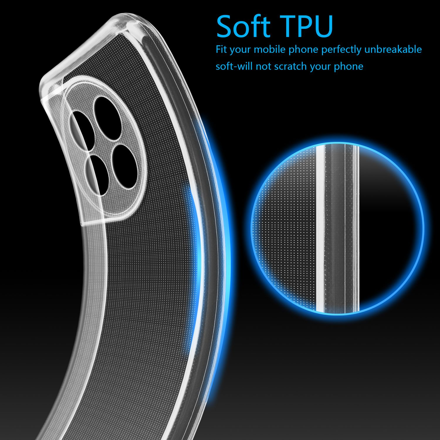 Custodia trasparente per telefono con area evidenziata in blu, primo piano della trama.