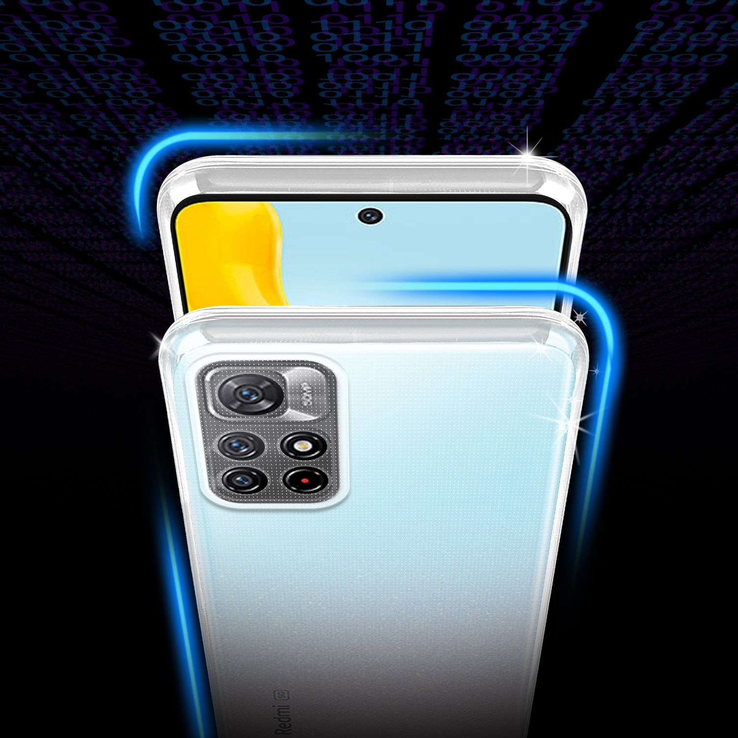 Uno smartphone in una custodia protettiva. Il telefono è azzurro. La custodia è trasparente.