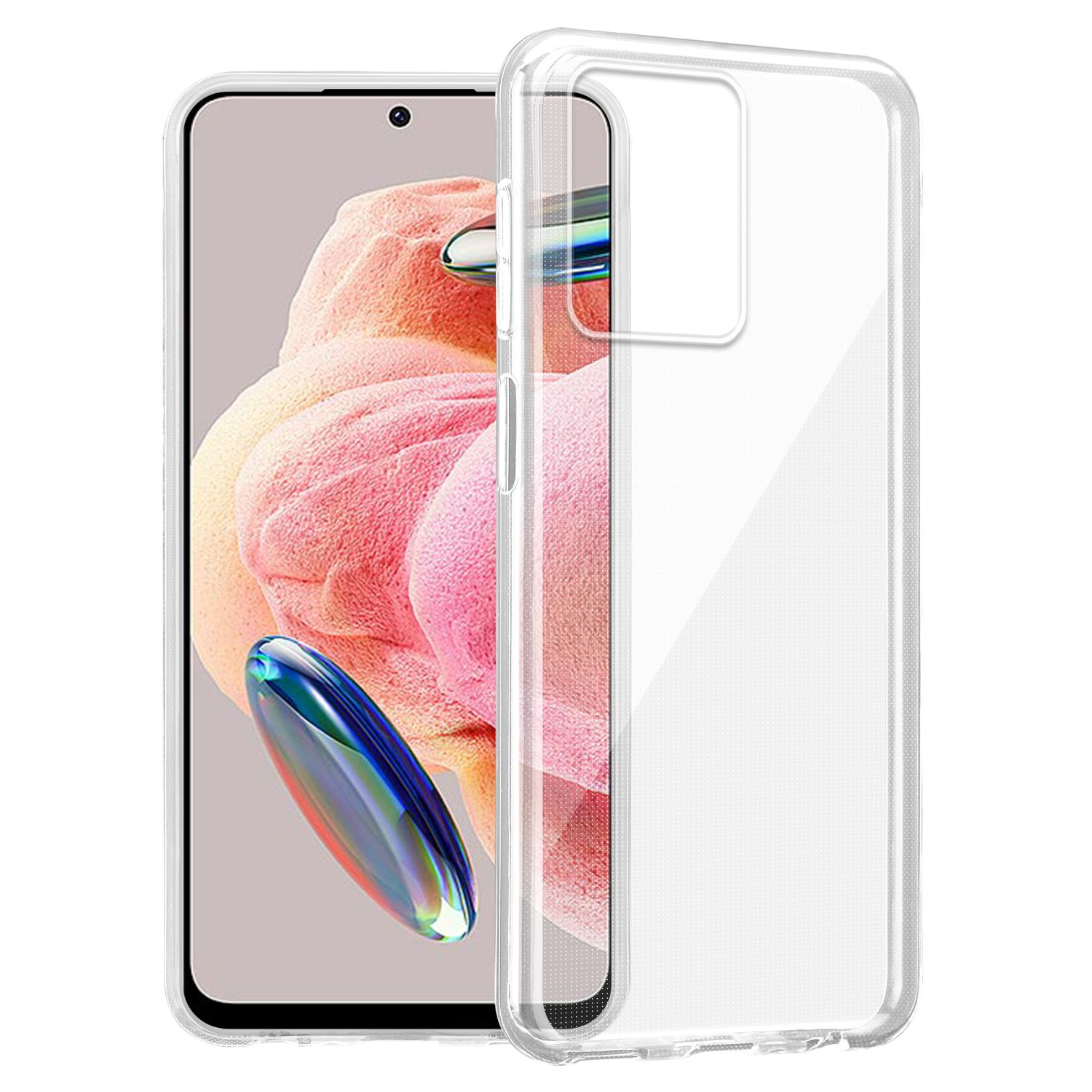 Custodia trasparente con telefono all'interno. Il telefono mostra una grafica colorata.