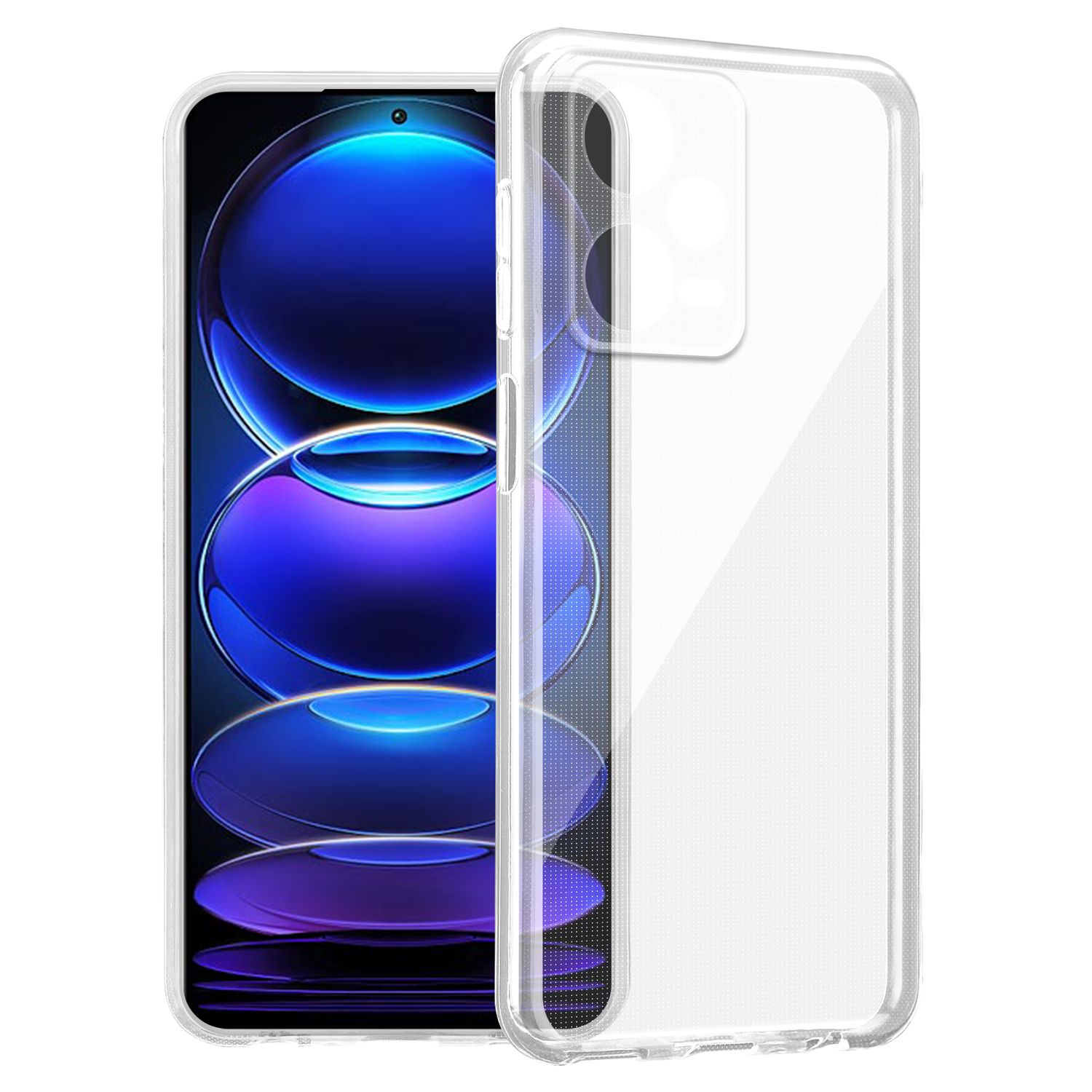 Custodia trasparente per telefono su un telefono che mostra un design blu e viola.