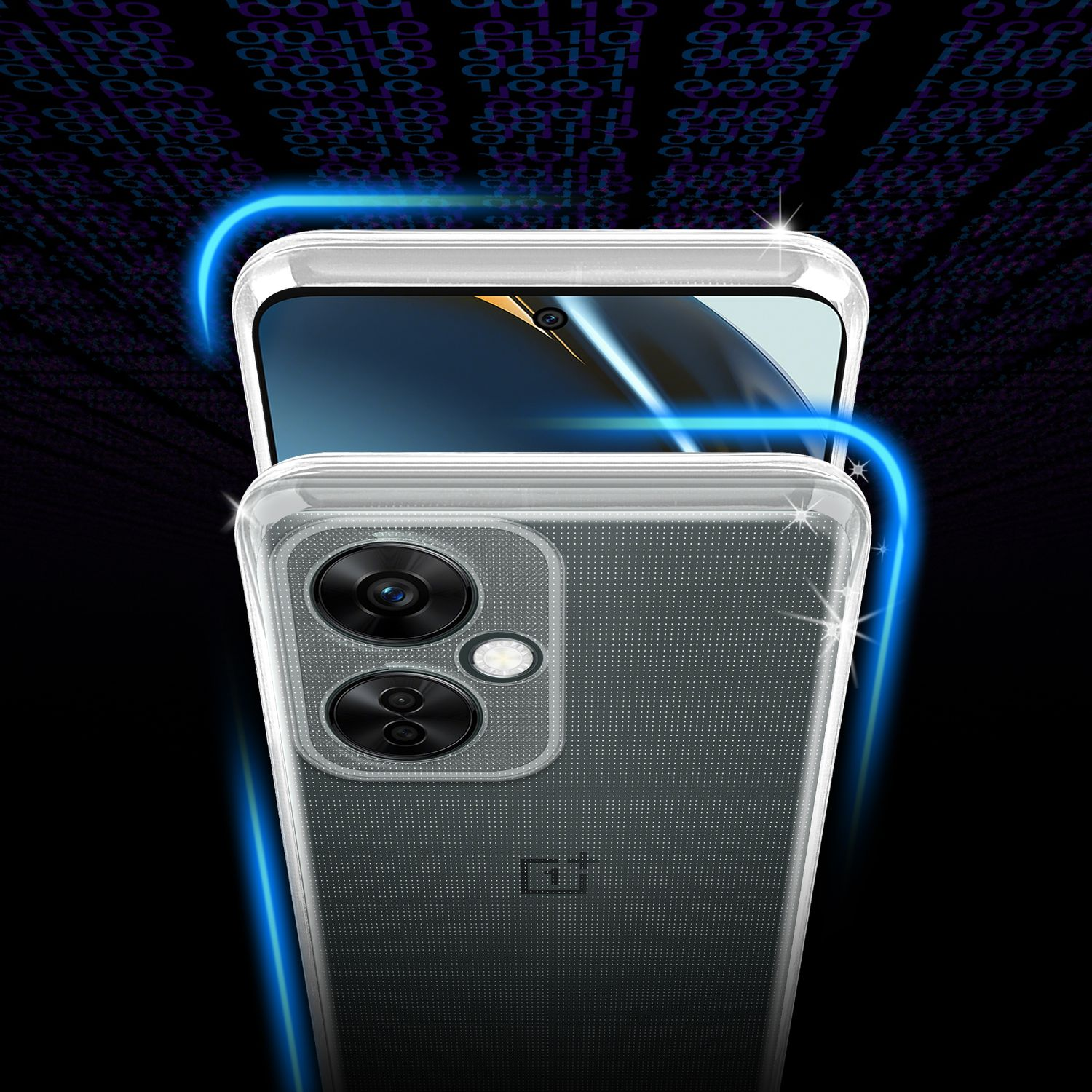 Un telefono in una custodia trasparente. Lo schermo mostra un display scuro con riflessi blu, coperto da codice binario.