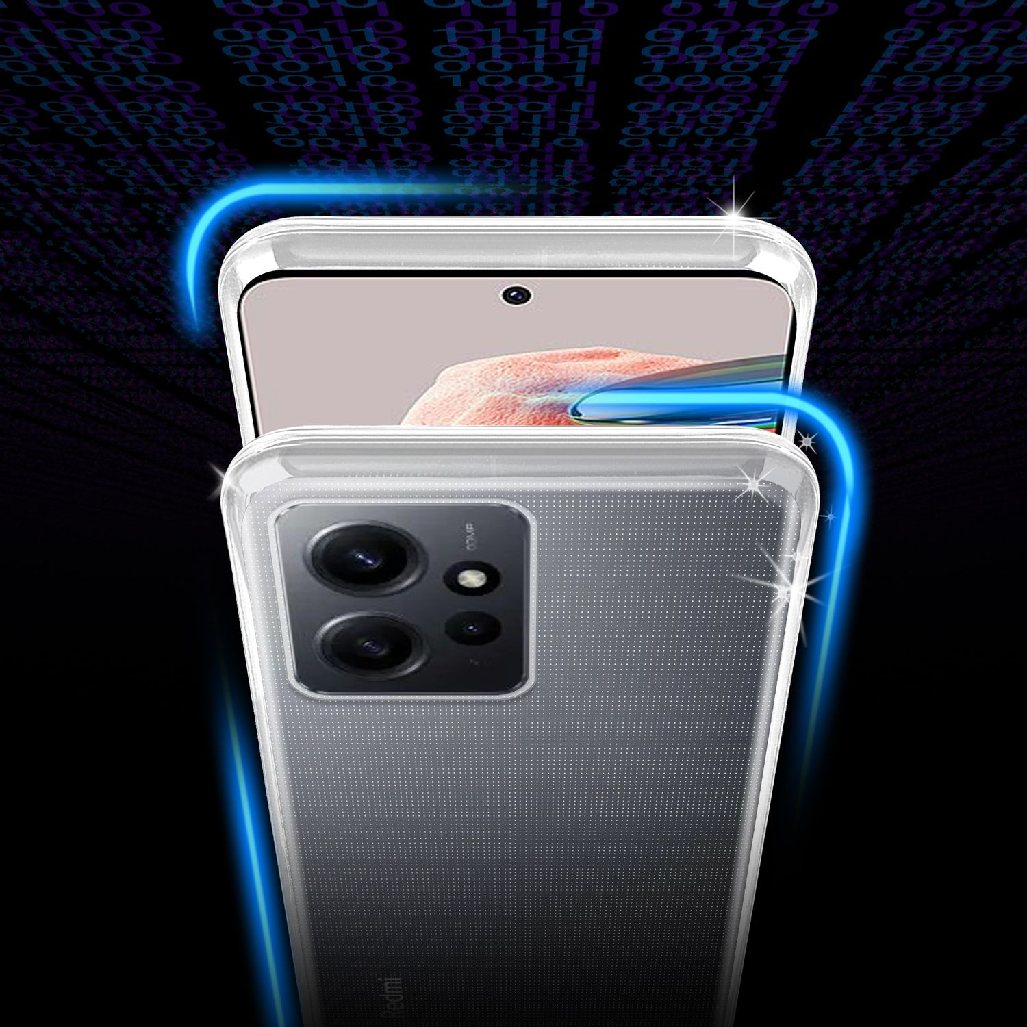 Telefono in custodia. Due strati con cavo di ricarica blu.