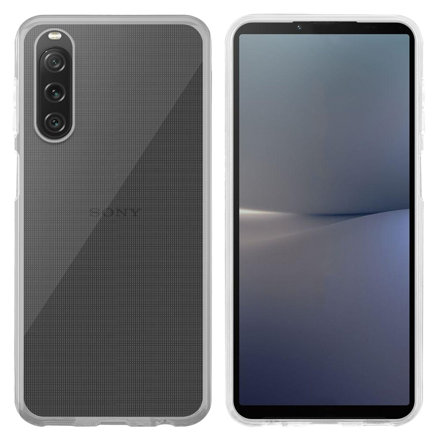 Due custodie trasparenti per telefono, una con telefono inserito. Entrambe hanno un design trasparente e un ritaglio per la fotocamera.