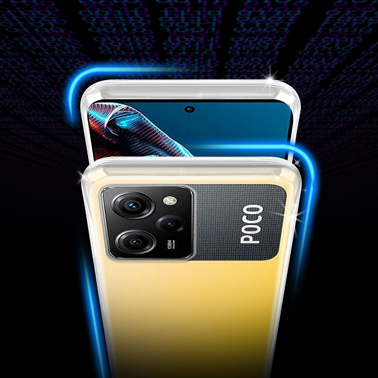 Primo piano di un telefono POCO giallo in una custodia, lo schermo visibile dall'alto.