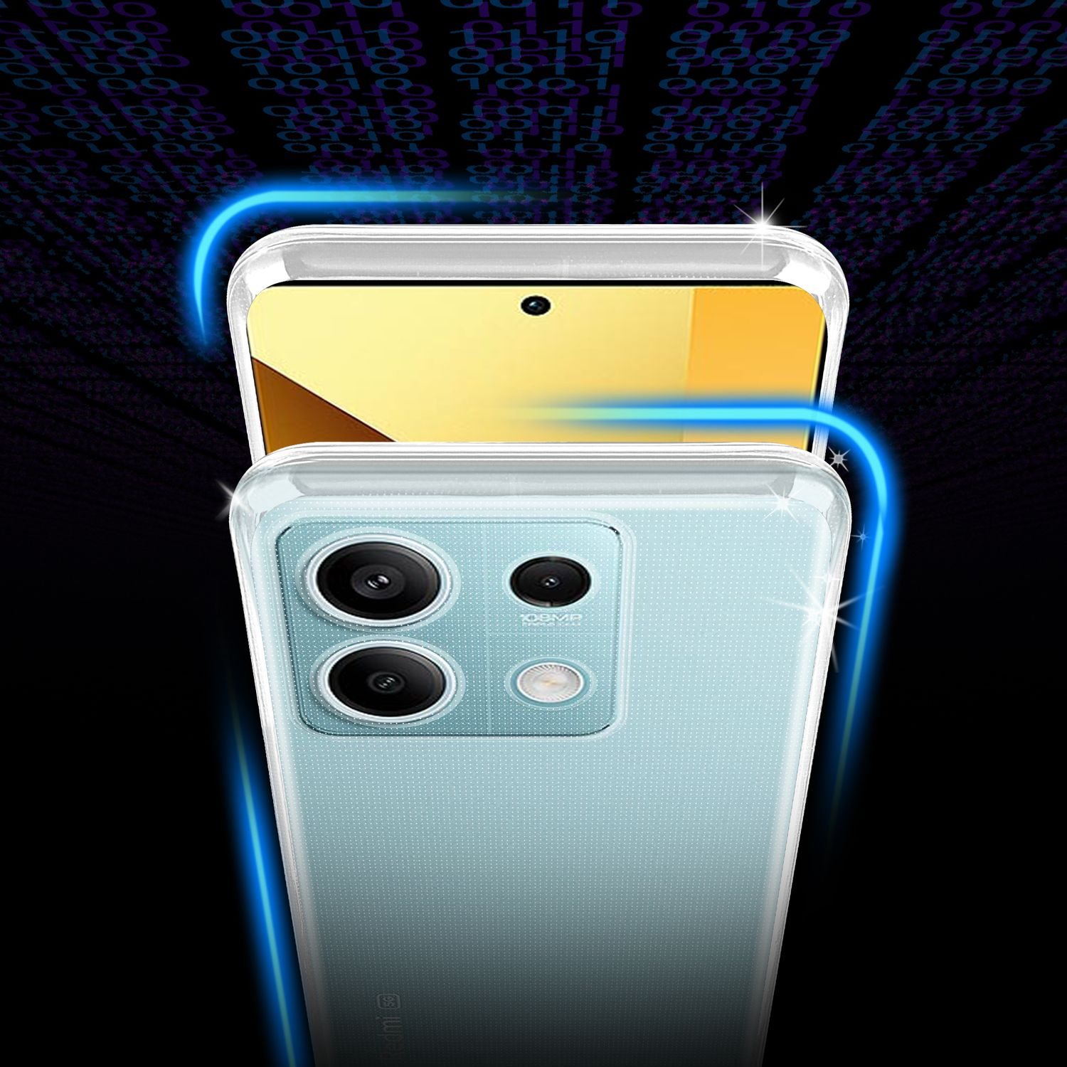 Un primo piano di un telefono con una custodia trasparente, che mostra le fotocamere posteriori e lo schermo.