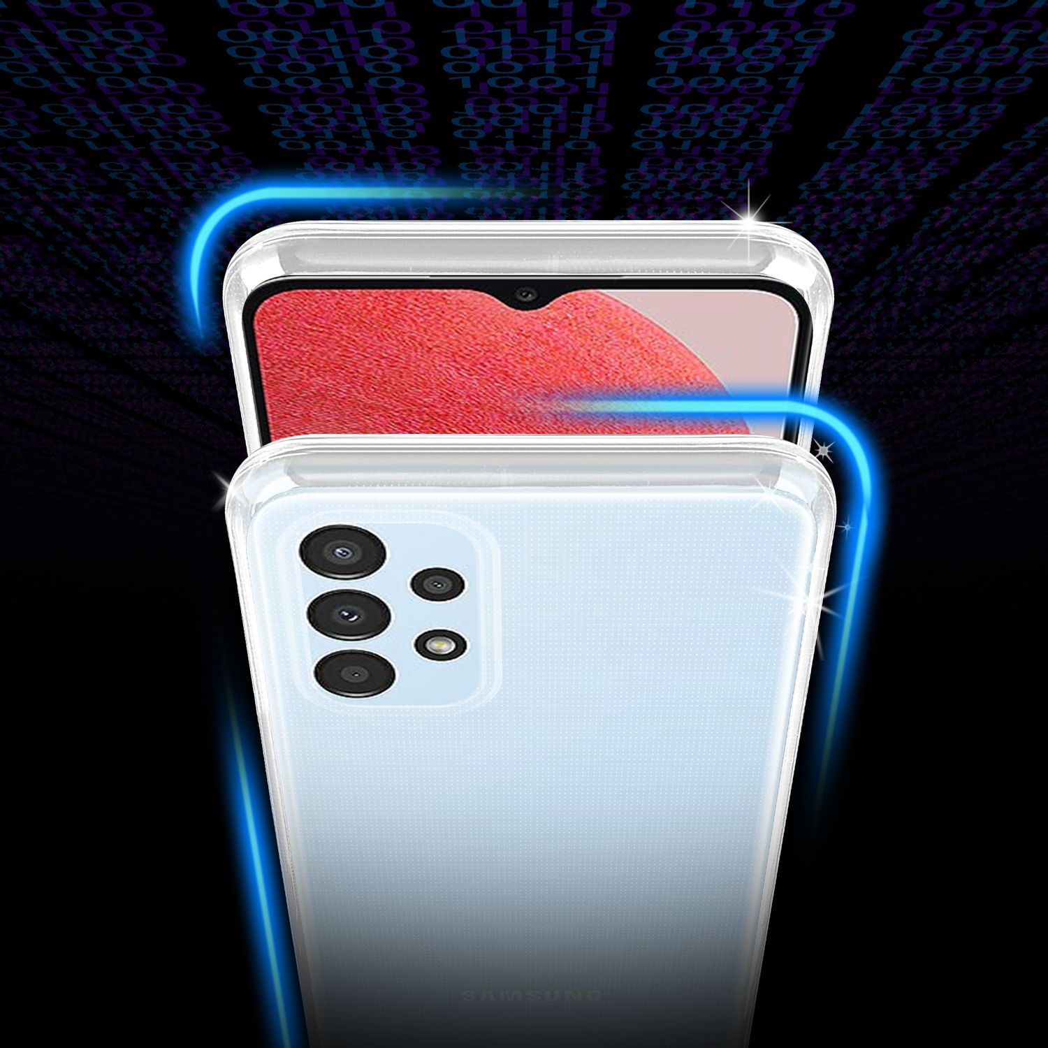 Un telefono all'interno di una custodia, che mostra retro e schermo con contorno blu e motivo digitale.