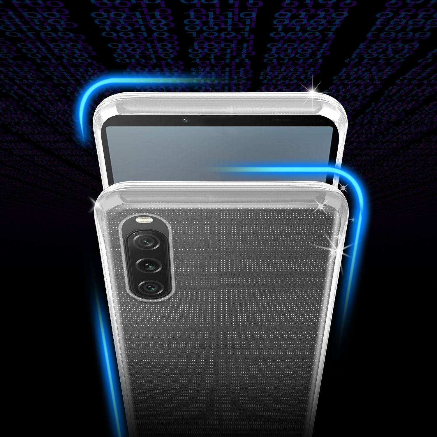 Custodia trasparente per telefono con telefono all'interno, su sfondo scuro con linee blu.