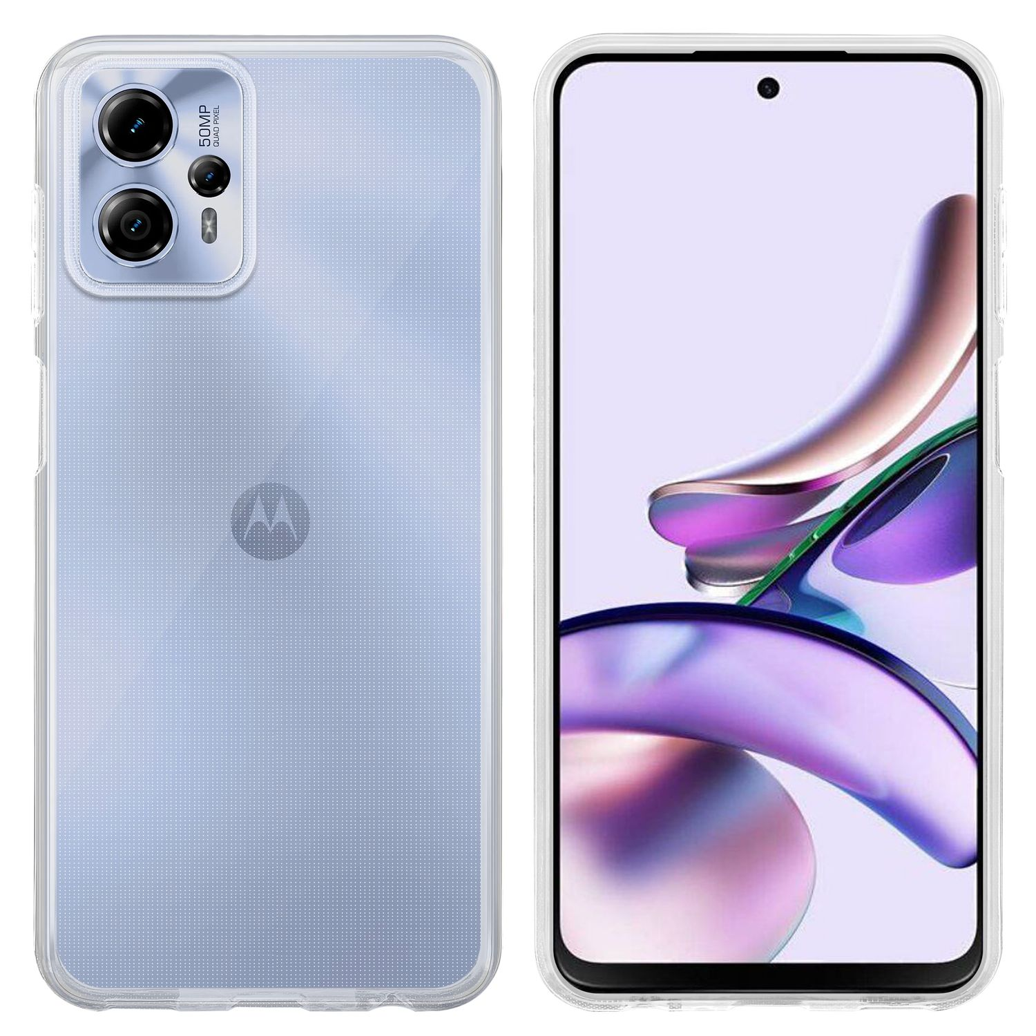 Un telefono in una custodia, che mostra fotocamera e schermo con un design viola. Schienale azzurro.