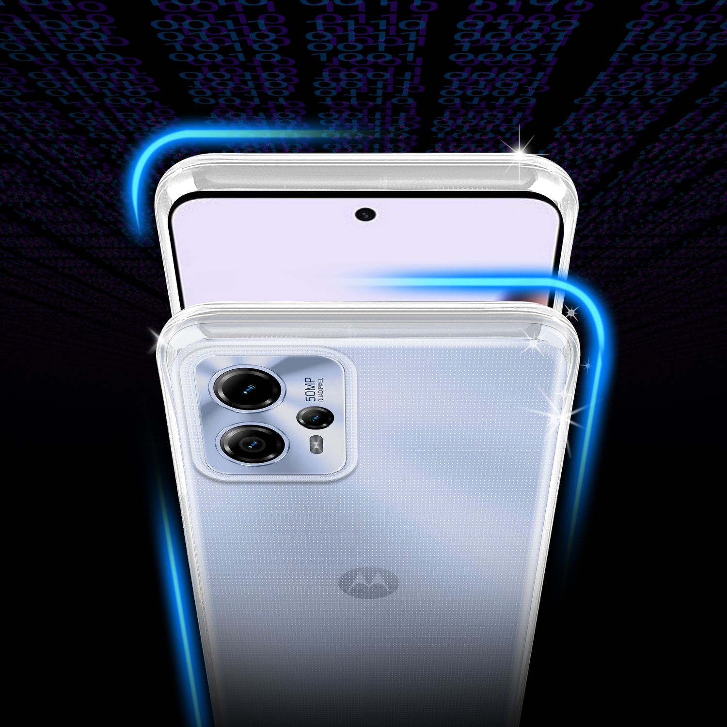 Uno smartphone con custodia e uno sfondo di stringhe di dati. Il telefono ha più fotocamere.