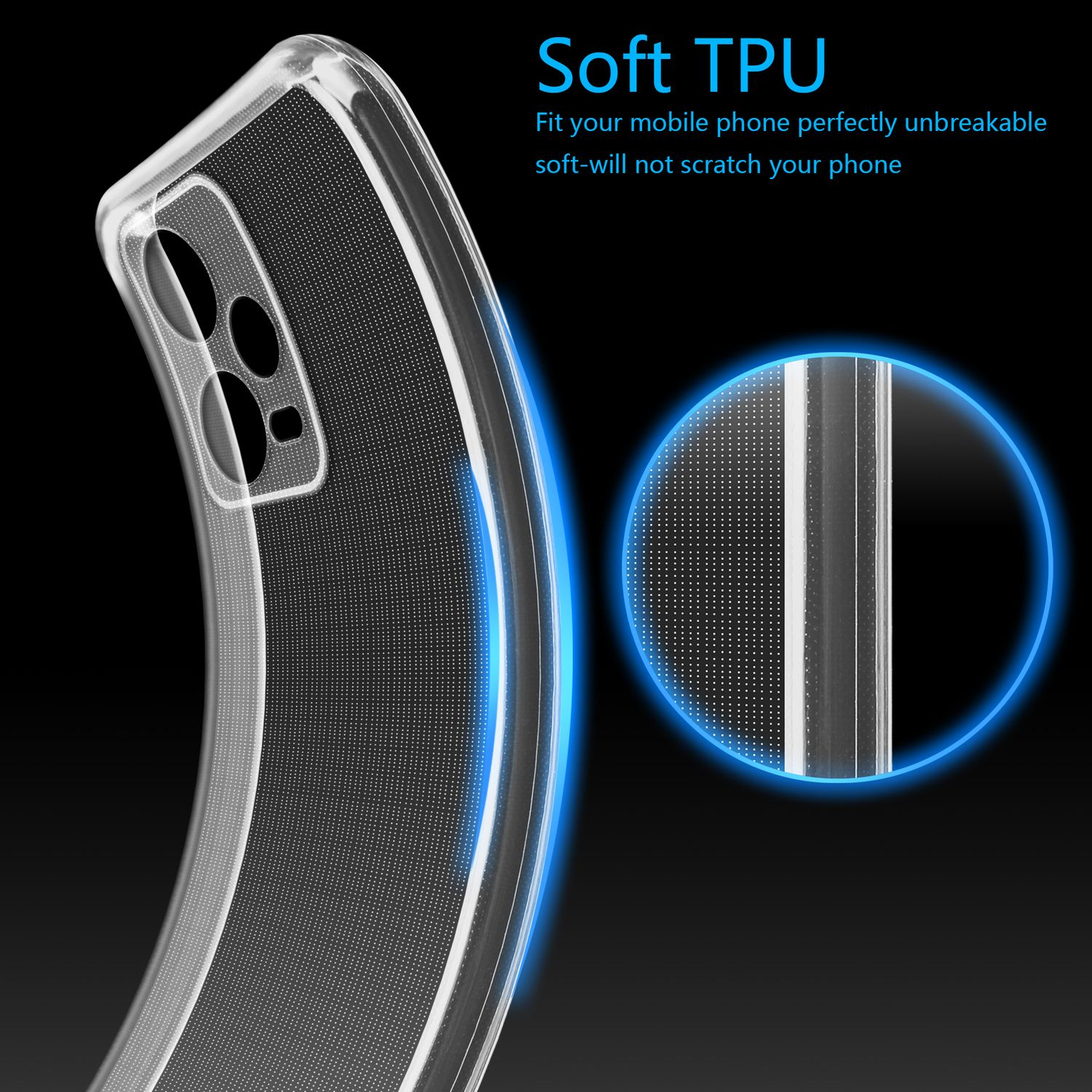 Primo piano di una custodia trasparente per telefono. La custodia è su uno sfondo a pois. Grafica a cerchio blu.