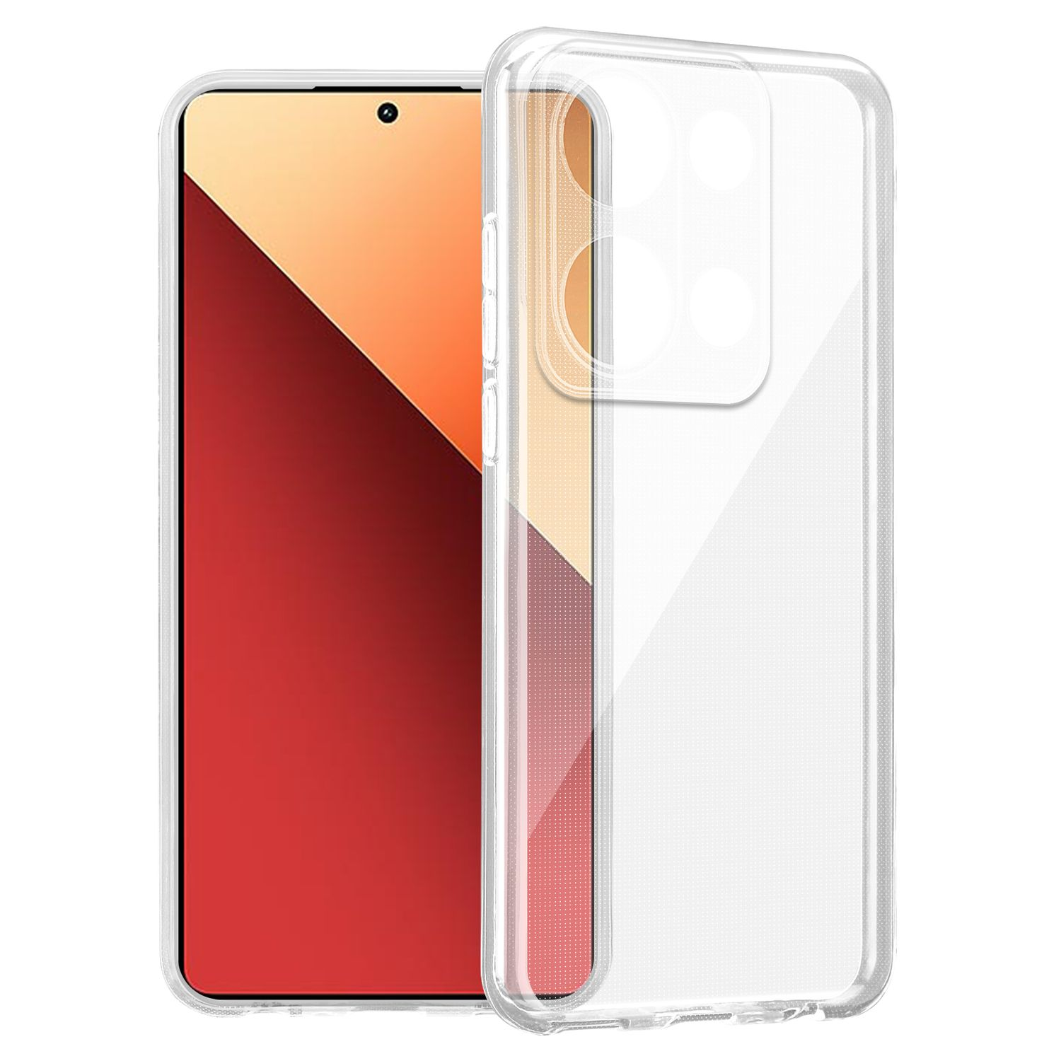 Custodia trasparente per telefono con schermo del telefono rosso-arancione. Il telefono ha una fotocamera in alto. Lo sfondo è bianco.