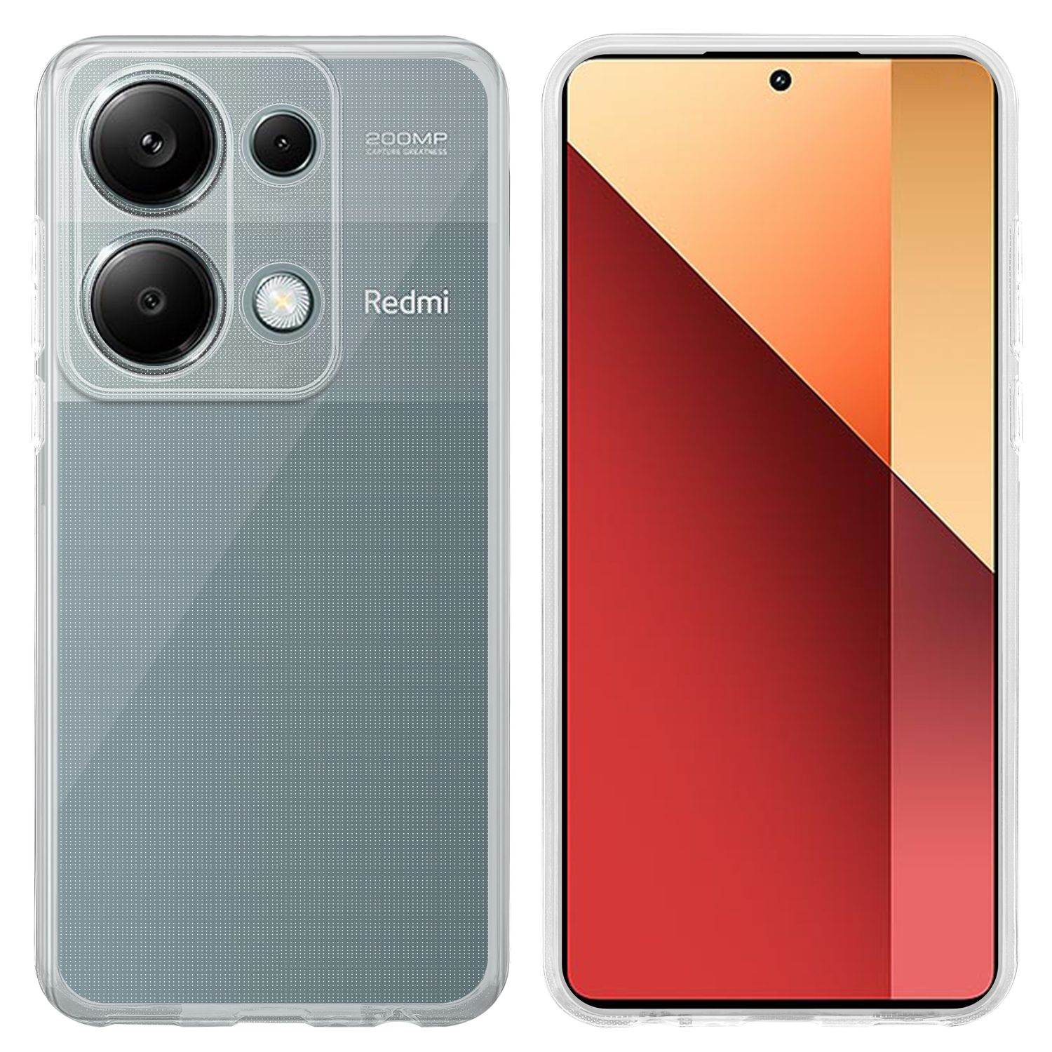 Due lati di uno smartphone in una custodia trasparente. Un lato ha le fotocamere, l'altro lo schermo.