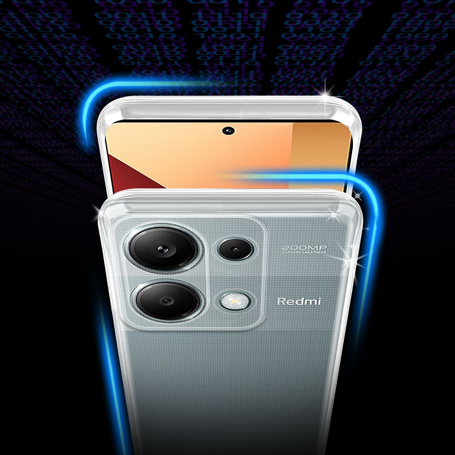 Uno smartphone con lenti della fotocamera, schermo e custodia trasparente. Lo sfondo presenta codice binario.