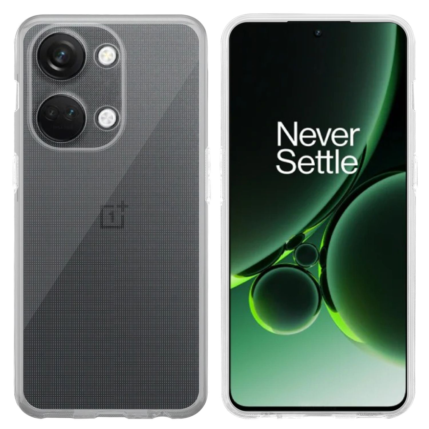 Due smartphone, uno con custodia trasparente. La parte anteriore ha uno schermo con testo.