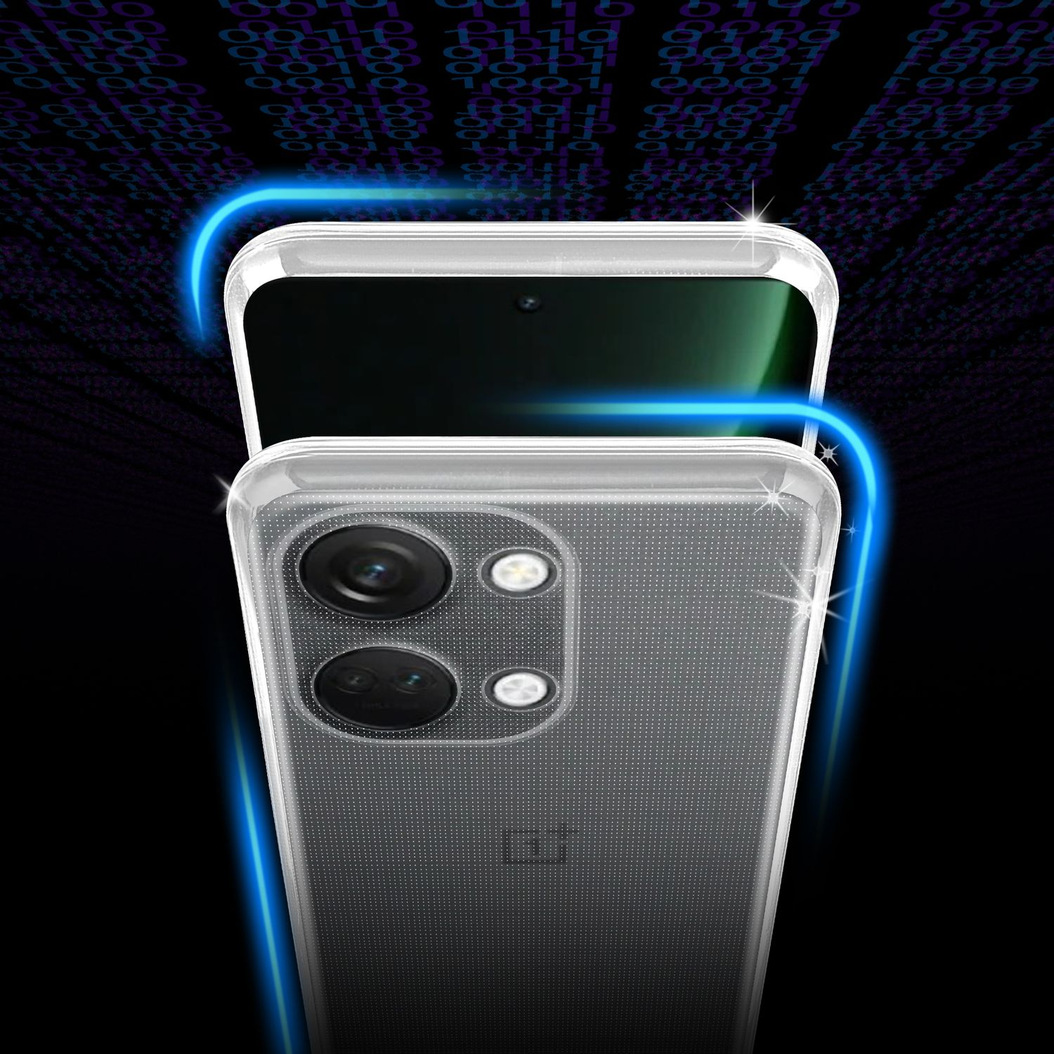 Uno smartphone in una custodia, primo piano del retro con fotocamera e sfondo digitale.