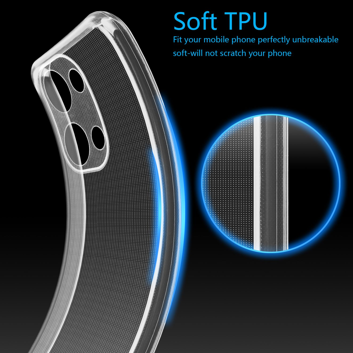 Primo piano di una custodia trasparente per telefono, che mostra la sua consistenza e vestibilità su un telefono, su uno sfondo scuro.