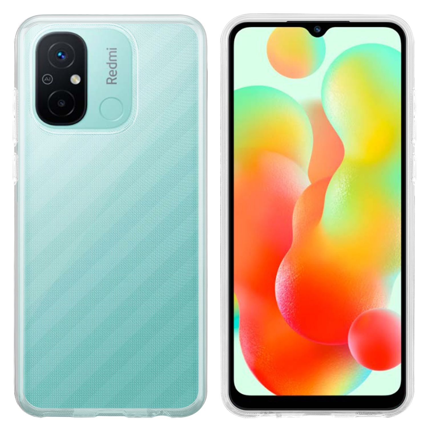 Telefon in Hülle. Links zeigt die Rückseite, rechts zeigt das Telefondisplay mit farbigem Hintergrund.