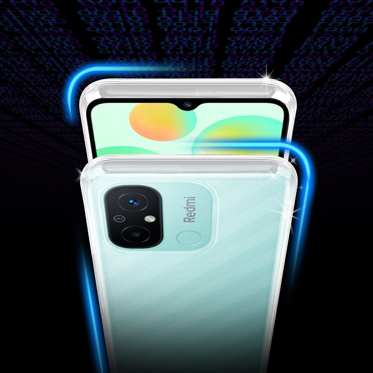 Telefon in Hülle, zwei Telefone. Eines oben, Bildschirm sichtbar. Blaues Licht.