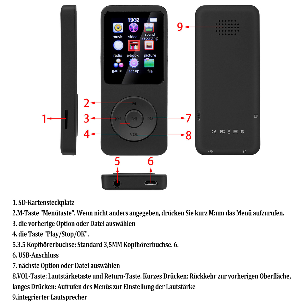 Czarny odtwarzacz MP3 z przyciskami i ekranem. Numery wskazują kluczowe funkcje urządzenia.