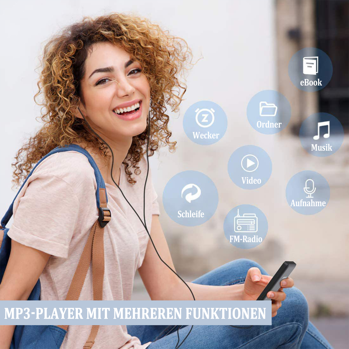 Kobieta ze słuchawkami i telefonem uśmiecha się do kamery. Ikony różnych funkcji wokół niej.