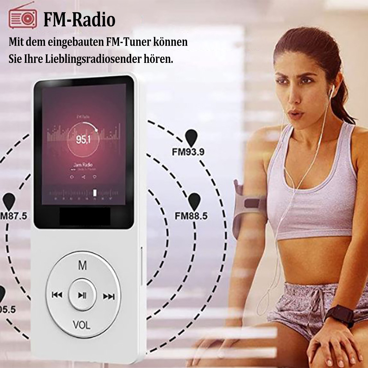 Kobieta ze słuchawkami korzystająca z radia. Tekst o radiu FM i stacjach radiowych.