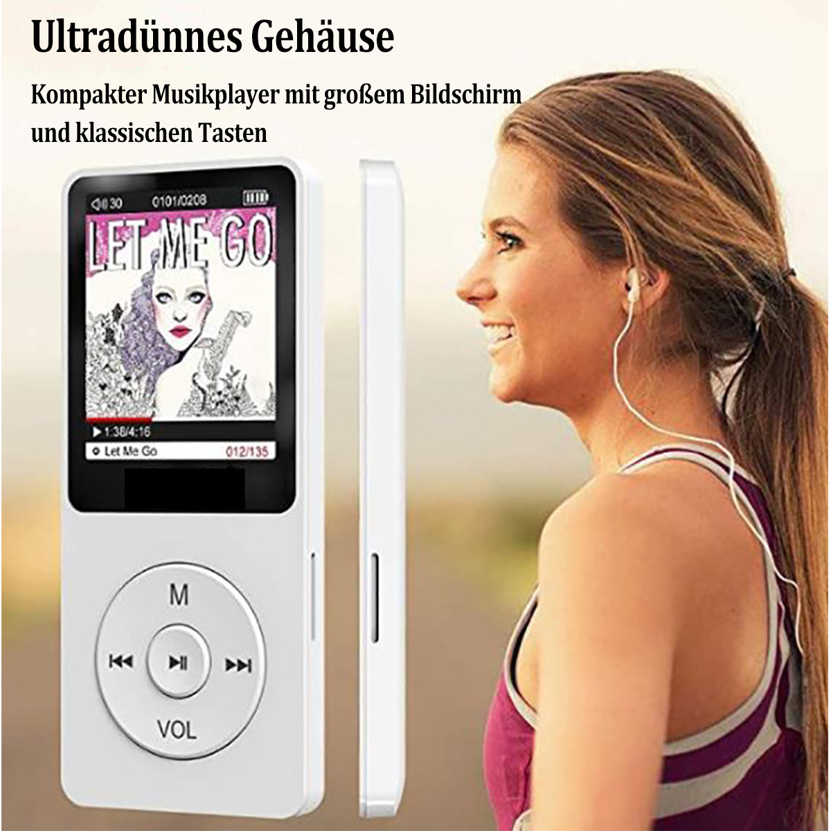 Kobieta z białym odtwarzaczem MP3, białymi słuchawkami i strojem do biegania uśmiecha się. Widoczny tekst.