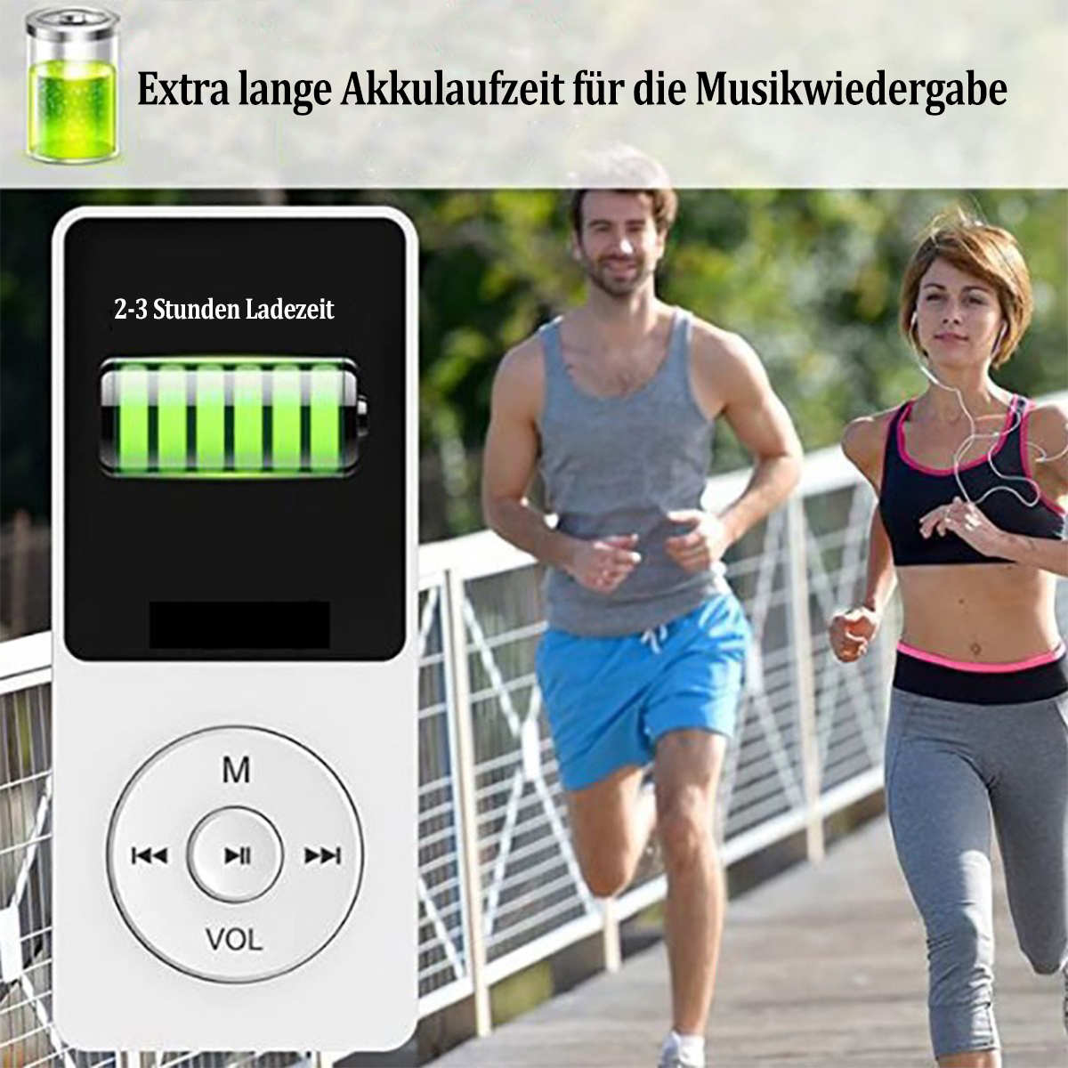 Ludzie biegający, biały odtwarzacz MP3 i ikona baterii.