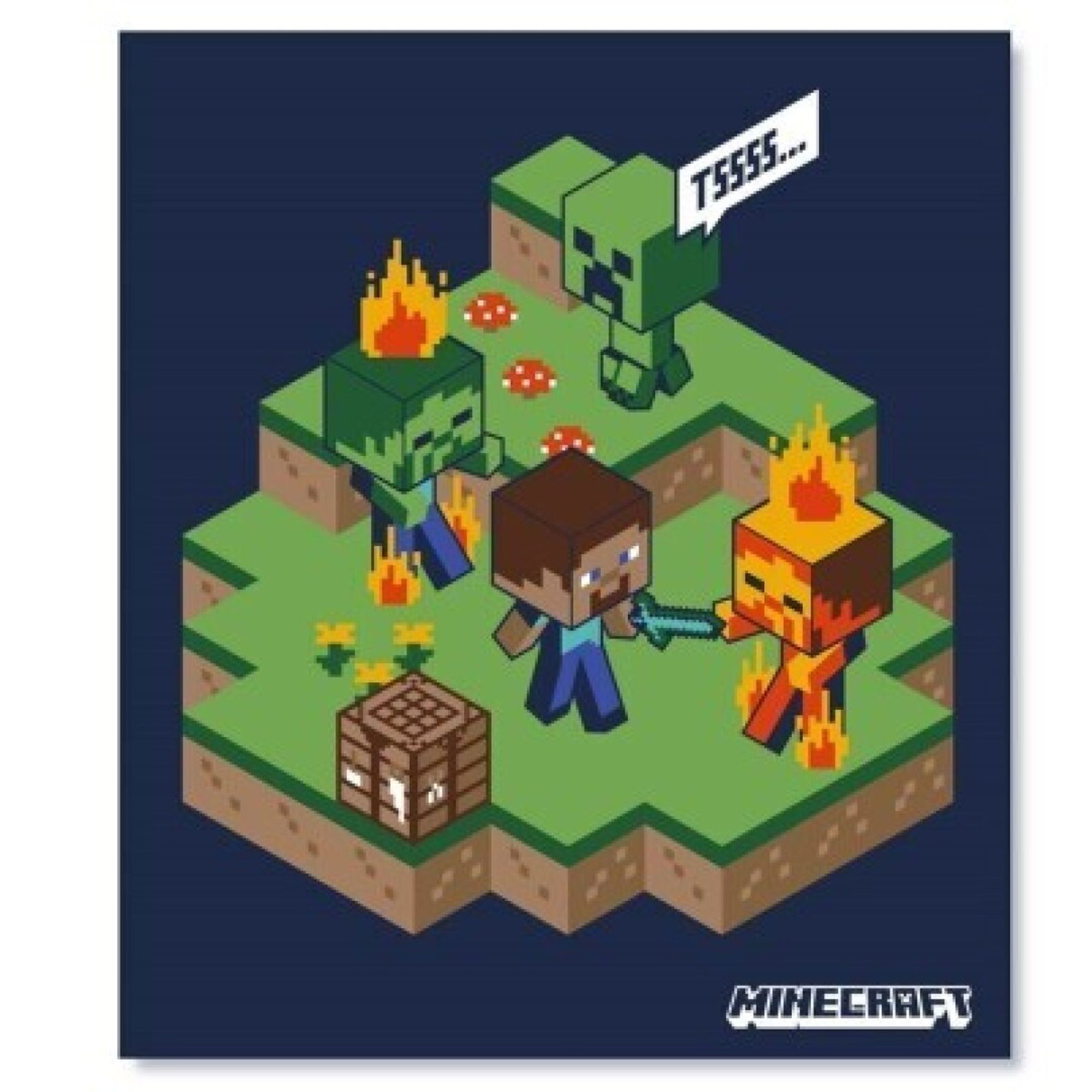 Minecraft-Szene mit Figuren, darunter Steve und Creeper, auf grüner Blockbasis.