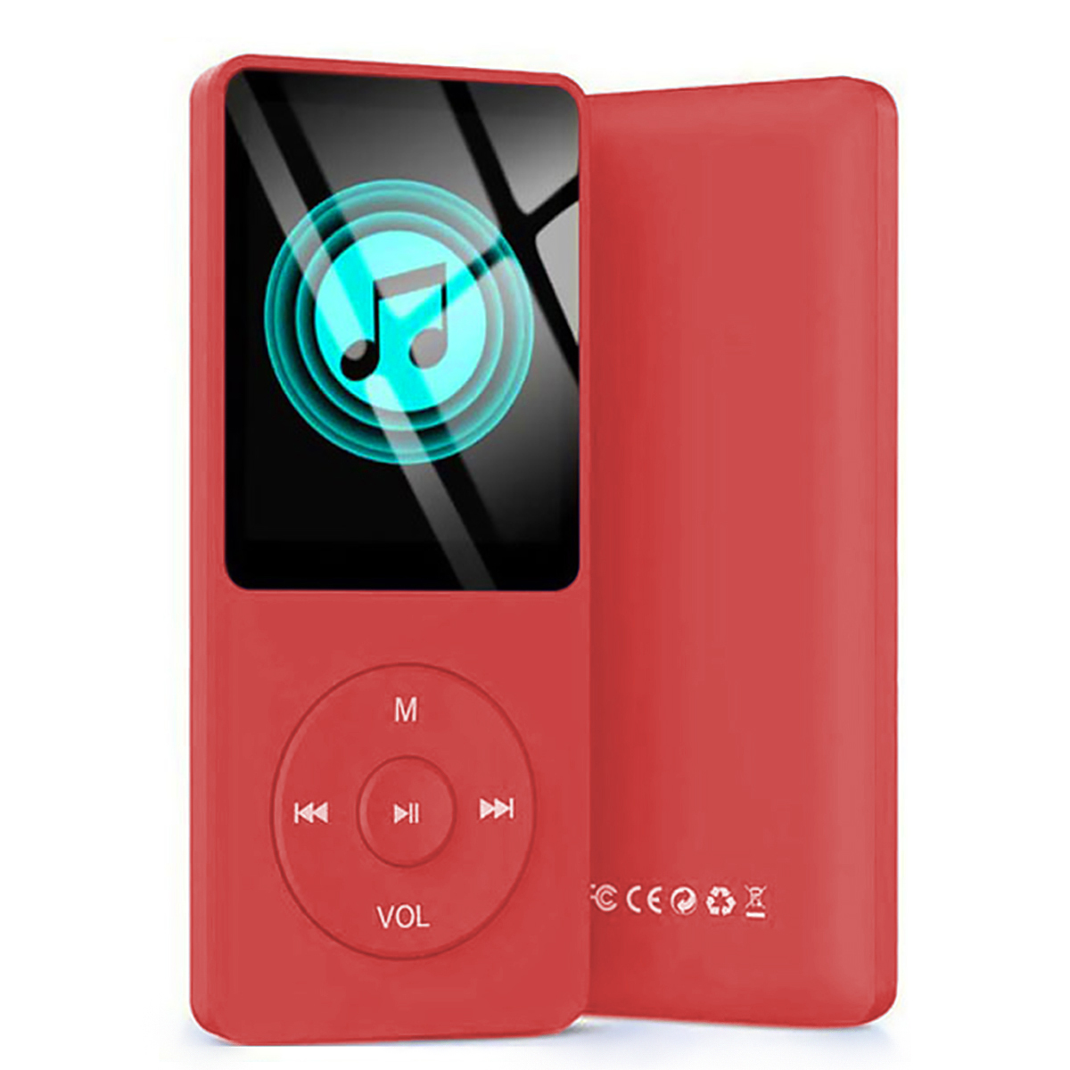 Czerwony odtwarzacz MP3 z przyciskami i ekranem z nutami, na białym tle.
