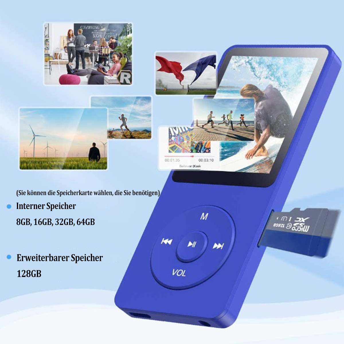 Niebieski odtwarzacz MP3 z ekranem, przyciskami i kartą micro SD. Obrazy na ekranie.