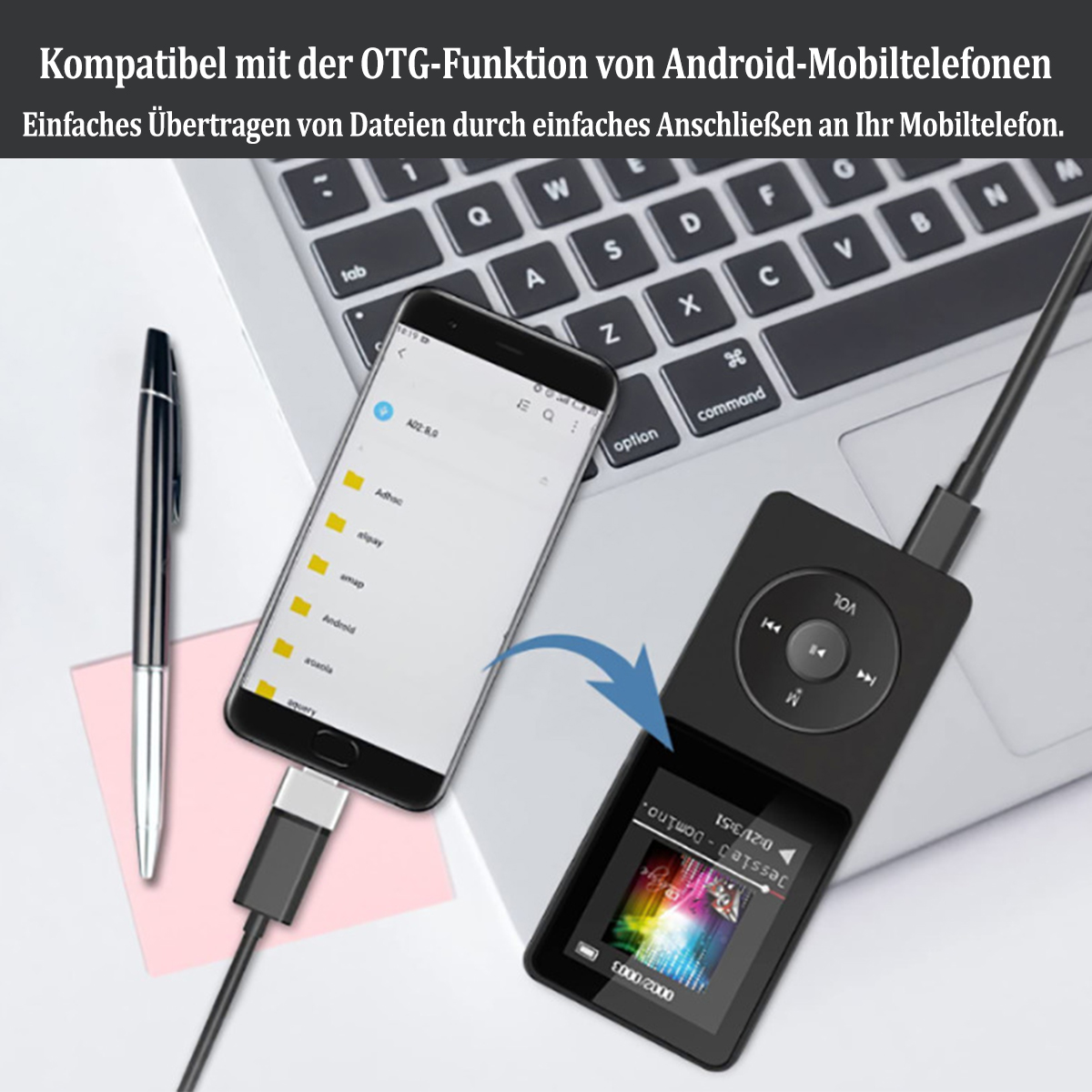 Gerät mit Telefon und MP3-Player verbunden. Text: OTG-Funktion.