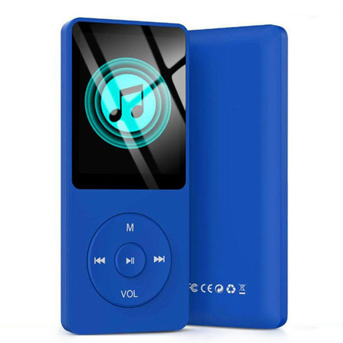 Niebieski odtwarzacz MP3 z ekranem i przyciskami. Tło to biała powierzchnia.