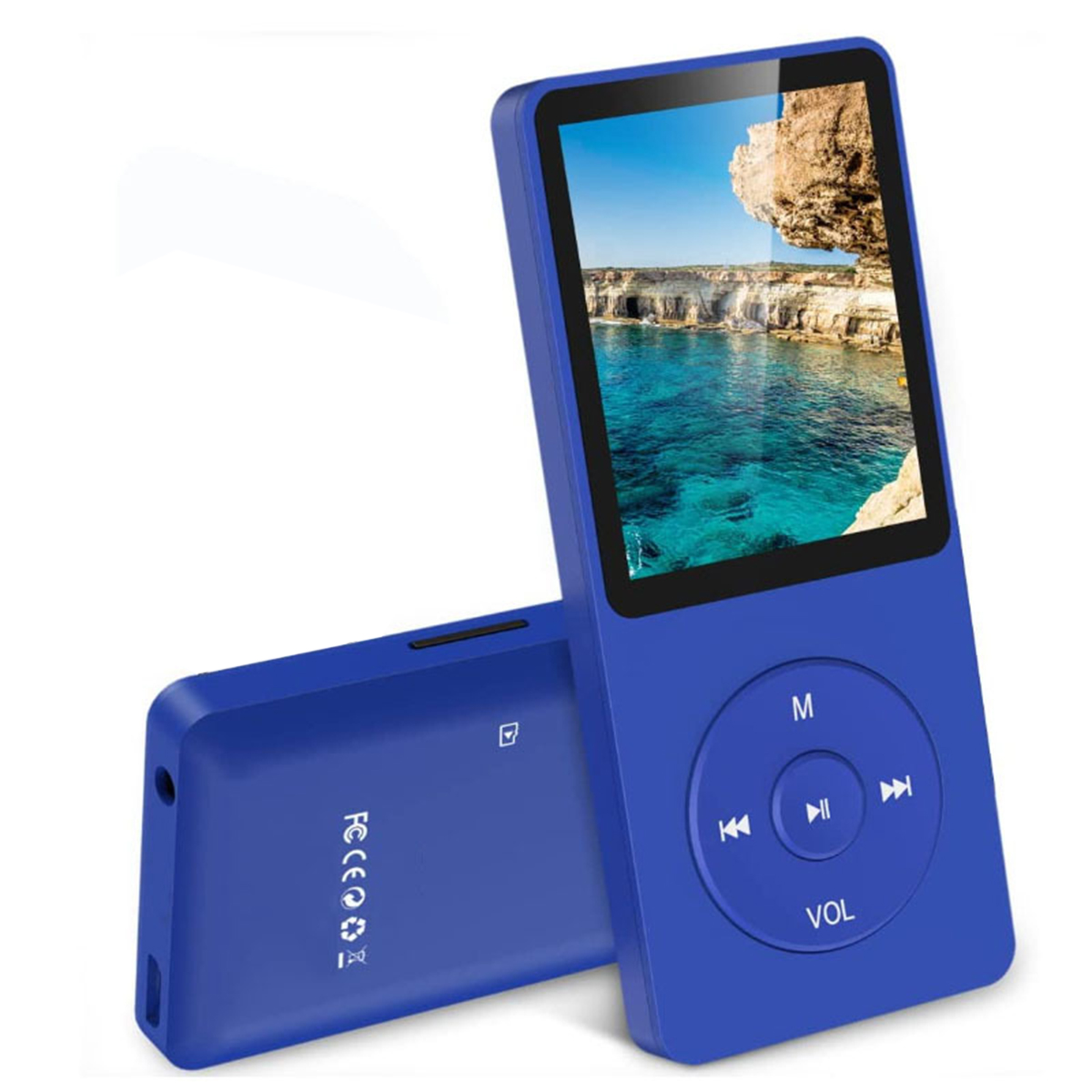 Niebieski odtwarzacz MP3 z ekranem i przyciskami sterowania. Drugi odtwarzacz z boku. Białe tło.