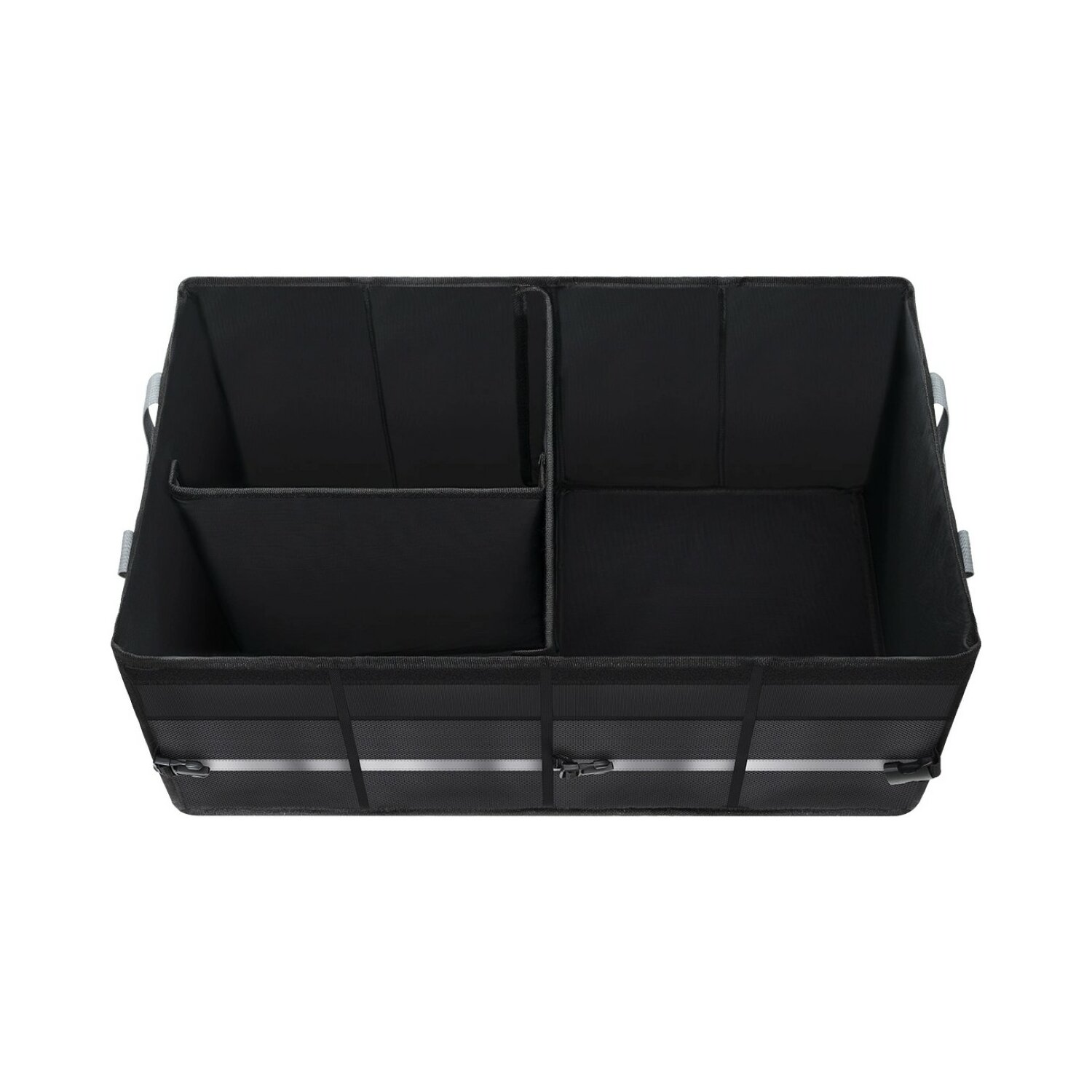 Czarny, otwarty pojemnik z trzema przegrodami, widok z góry.