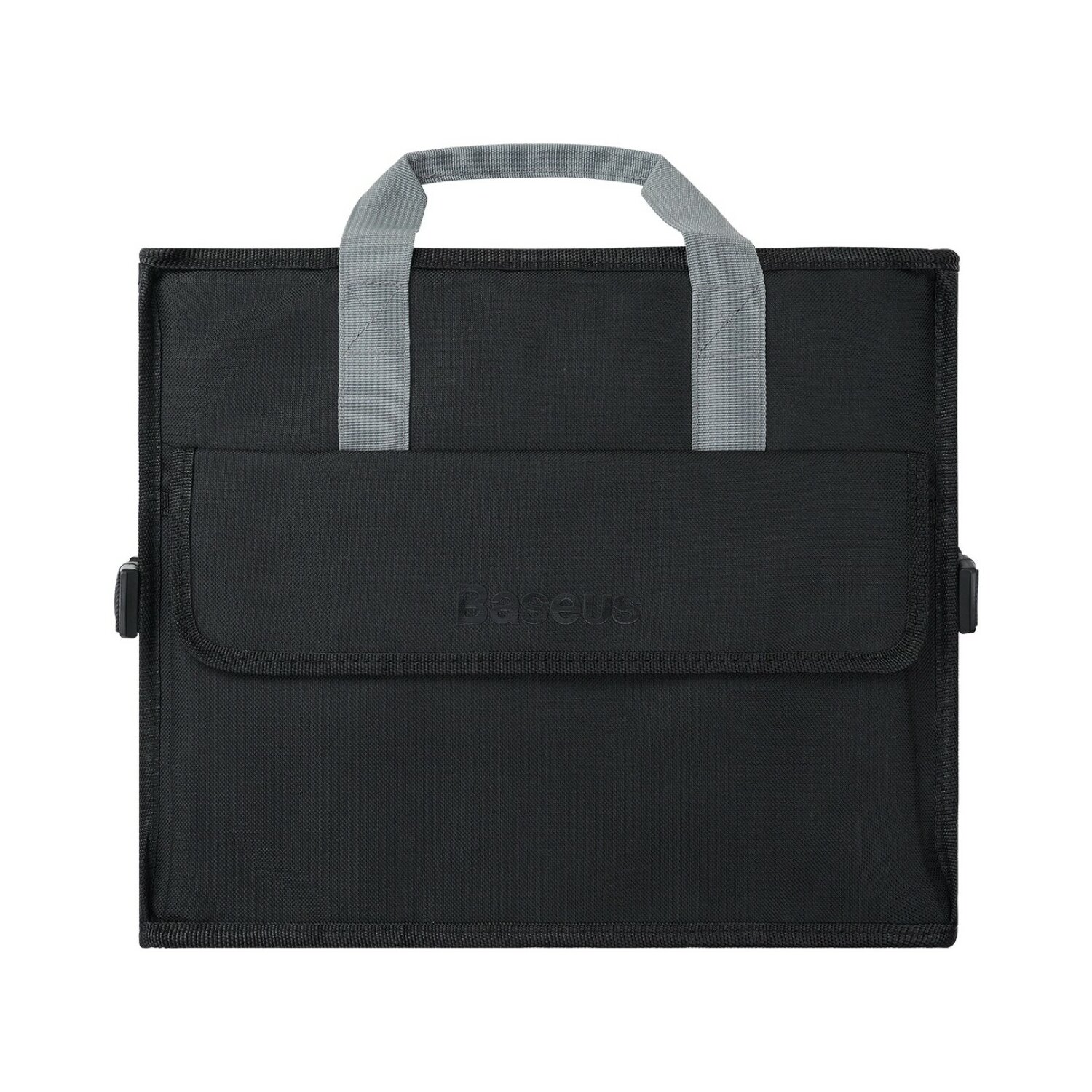 Czarna torba Baseus z szarym uchwytem, przednią kieszenią i zapięciem na klapę. Na białej powierzchni.