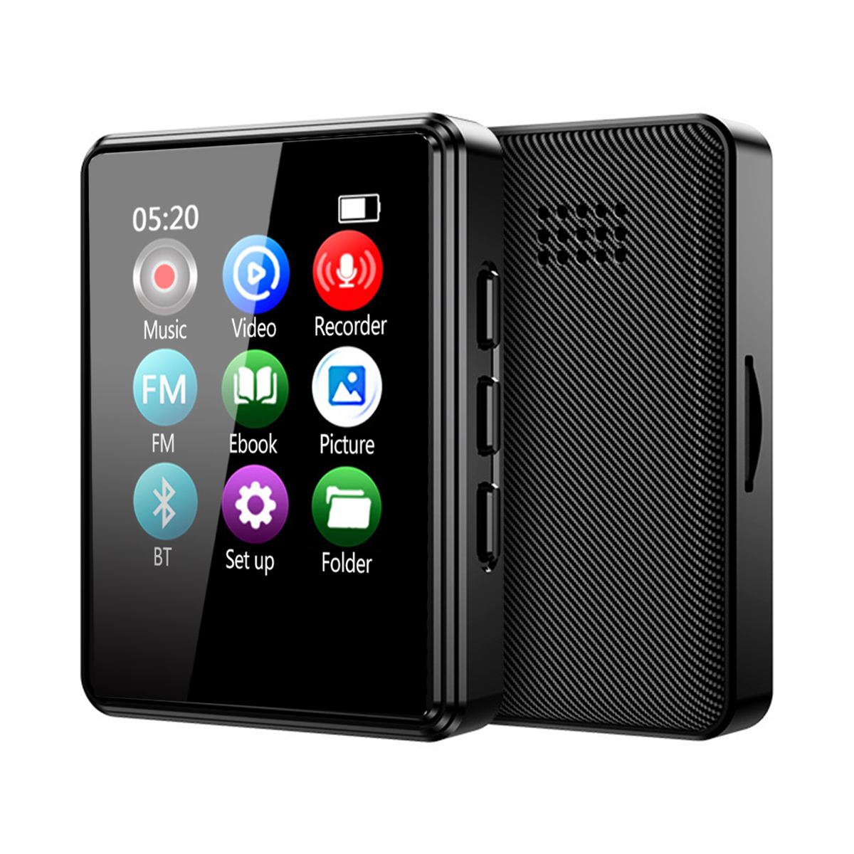 Czarny odtwarzacz MP3 z ekranem wyświetlającym ikony i czas. Drugi w dłoni.