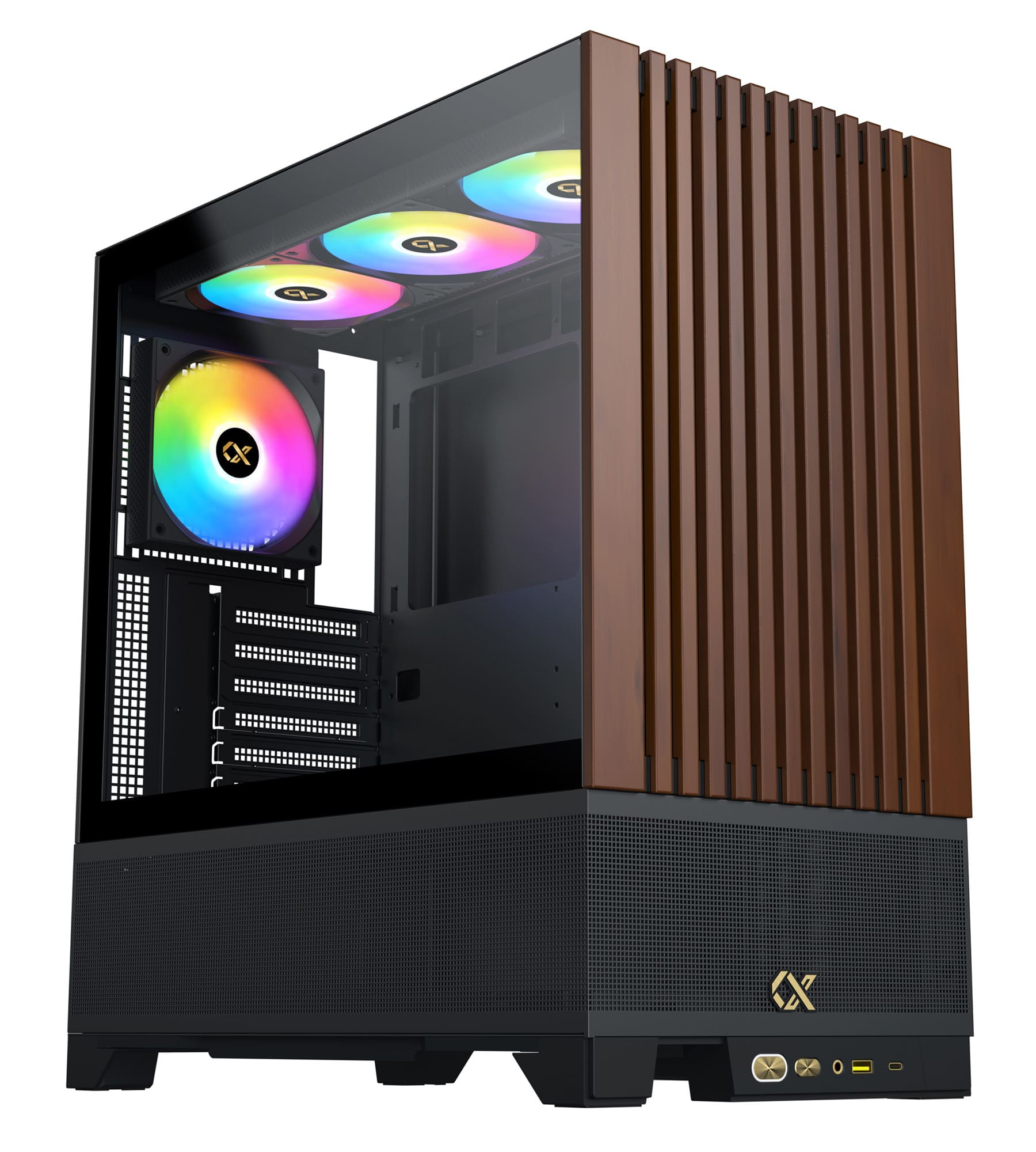 Case per computer con pannello frontale in legno e lato in vetro. All'interno ci sono ventole con illuminazione RGB.