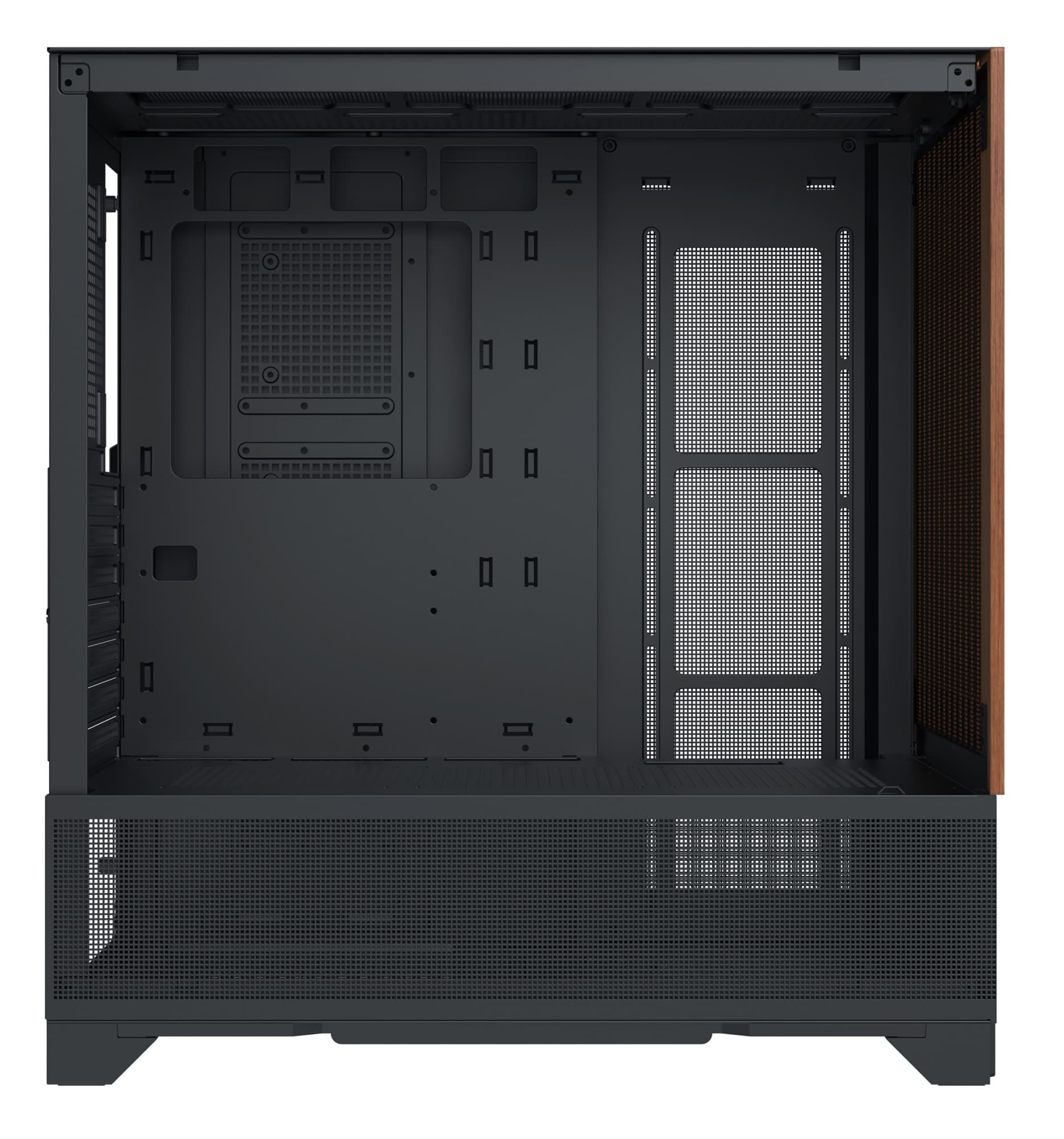 Interno del case del computer aperto con pannello laterale marrone e componenti interni neri.