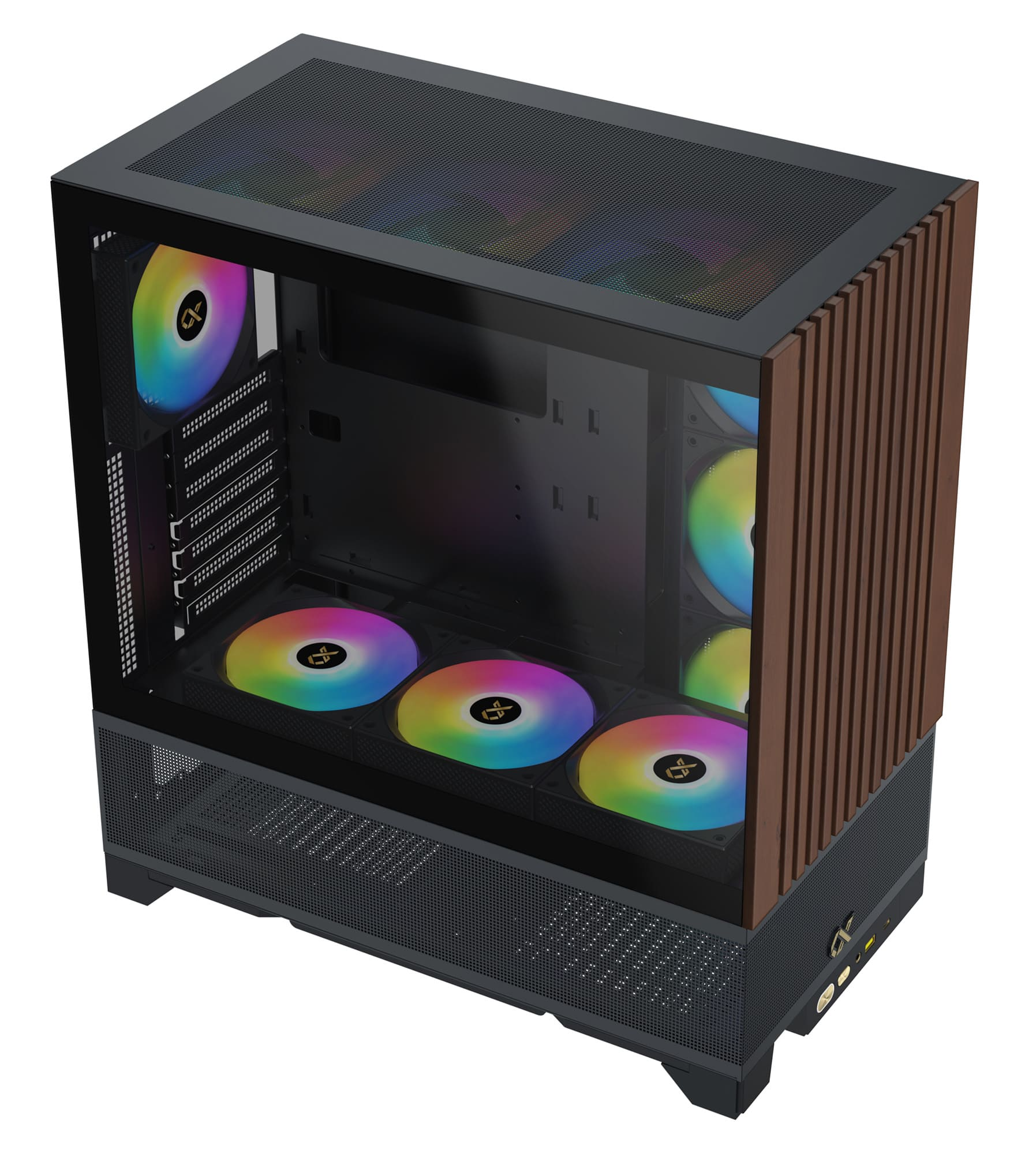 Case per computer con ventole RGB, pannello laterale in vetro e pannello frontale in legno.