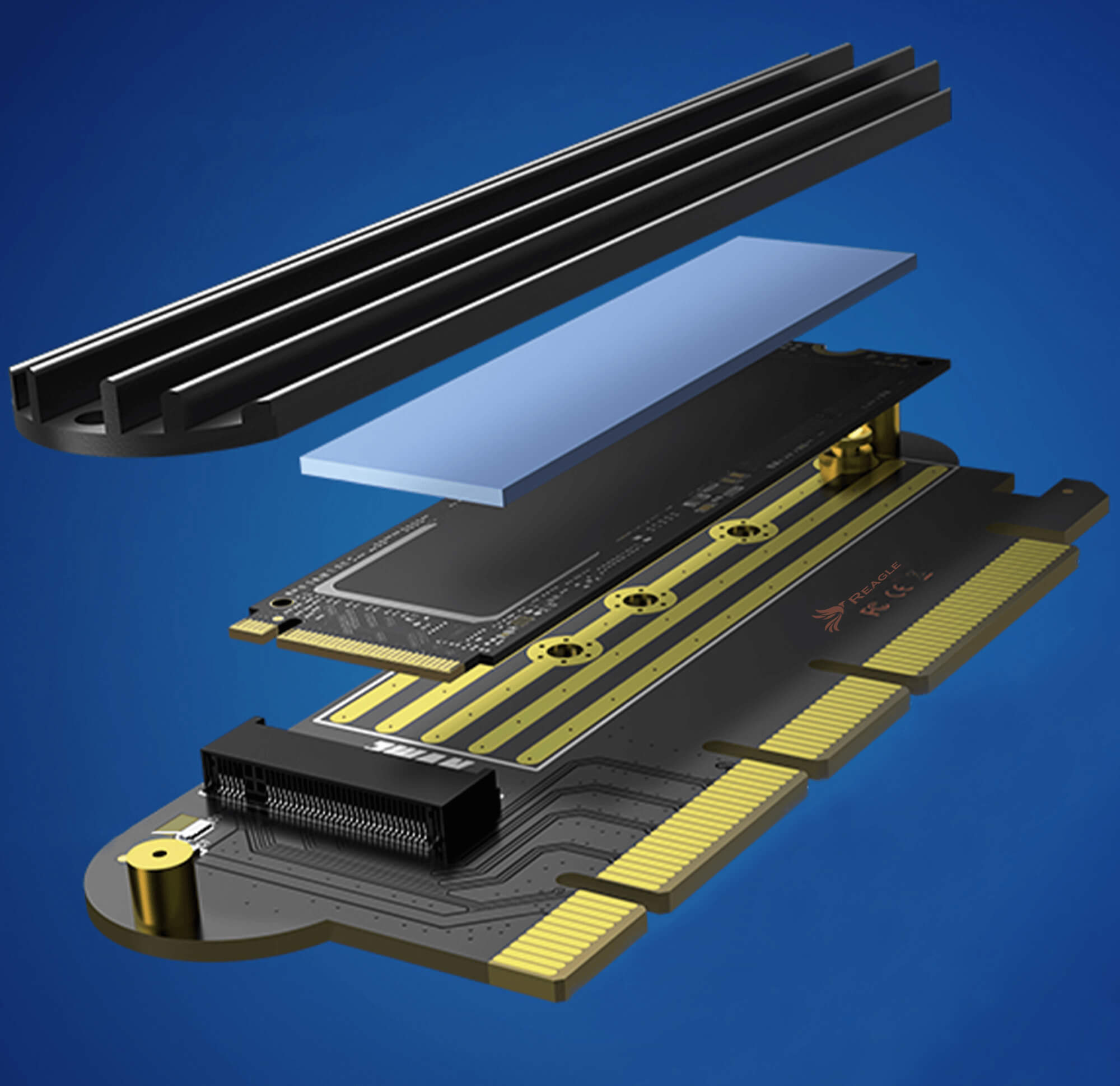 Widok rozłożony czarnego i złotego komponentu komputera z radiatorem.