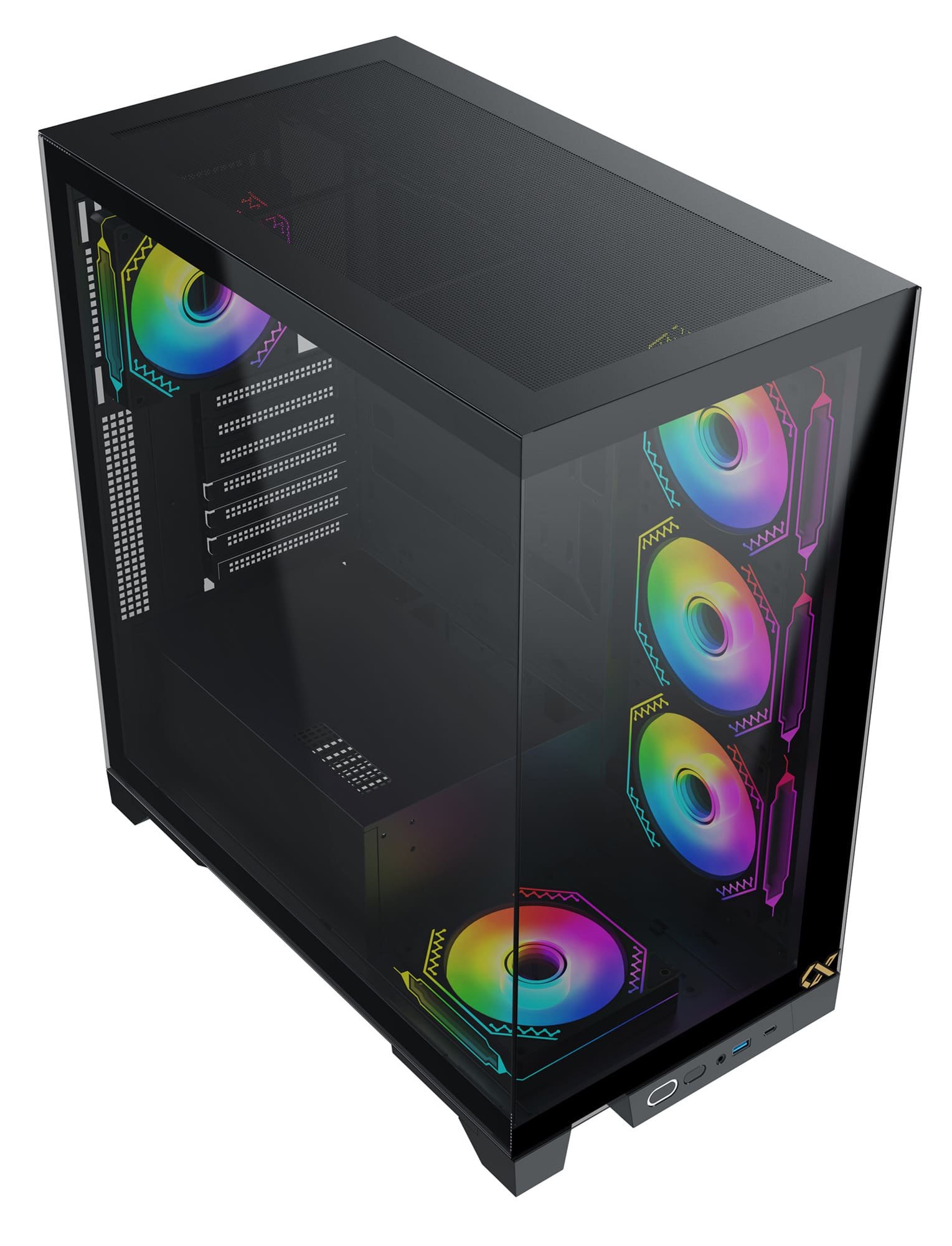 Schwarzes Computergehäuse. Glas-Seitenwand mit drei RGB-Lüftern. Draufsicht auf das offene Gehäuse.