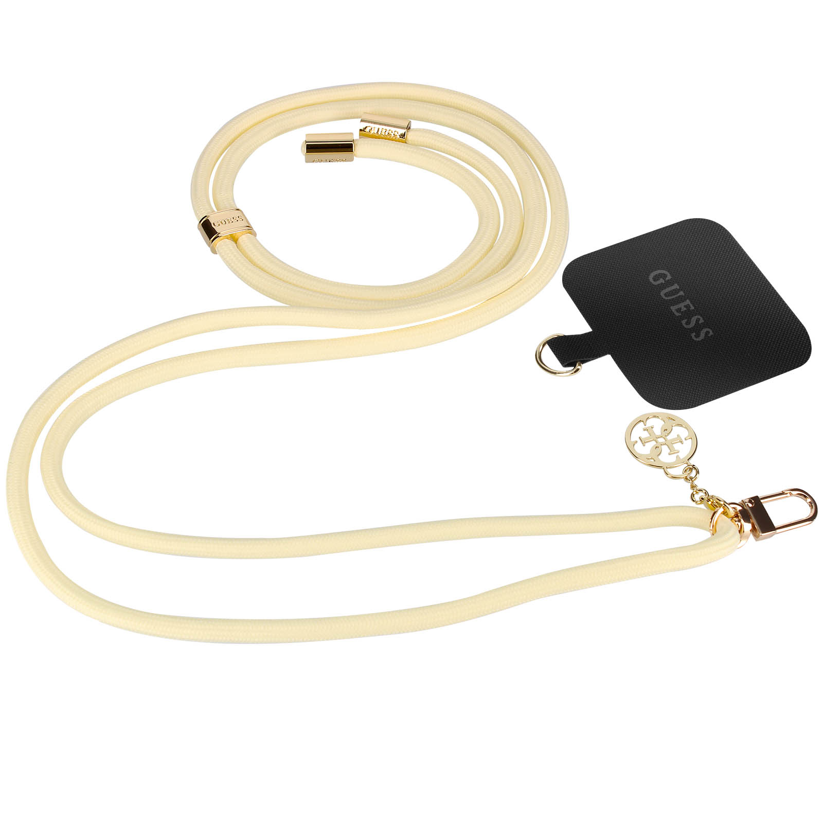 Cinturino per telefono color crema con dettagli dorati, un porta telefono e logo Guess.